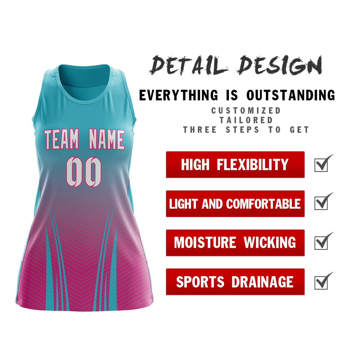 Custom Netball Dress Aqua Rose Red for Women with V-Shaped Pinstripes Personalized Team Uniform