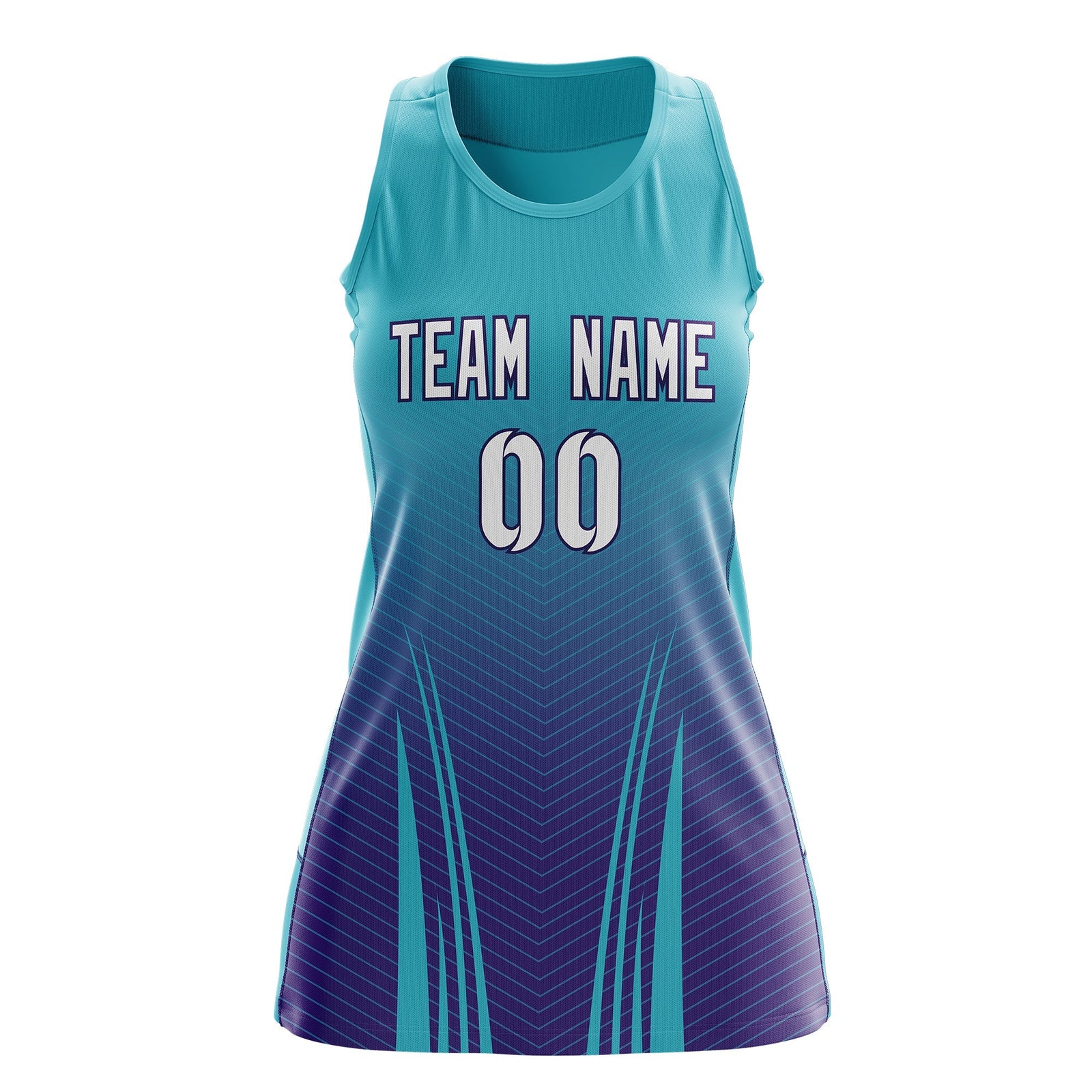 Custom Women Netball Dress | Aqua Purple V-Shaped Pinstripes Uniform with Name & Number