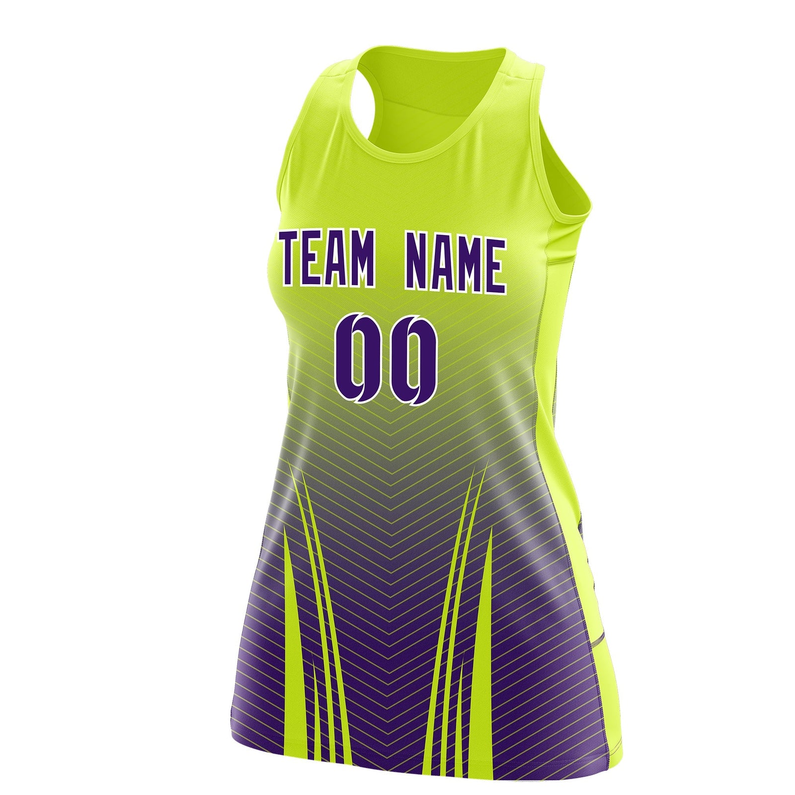 Custom Netball Dress | Fluorescent Green Purple V-Shaped Pinstripes Gradient Team Uniform