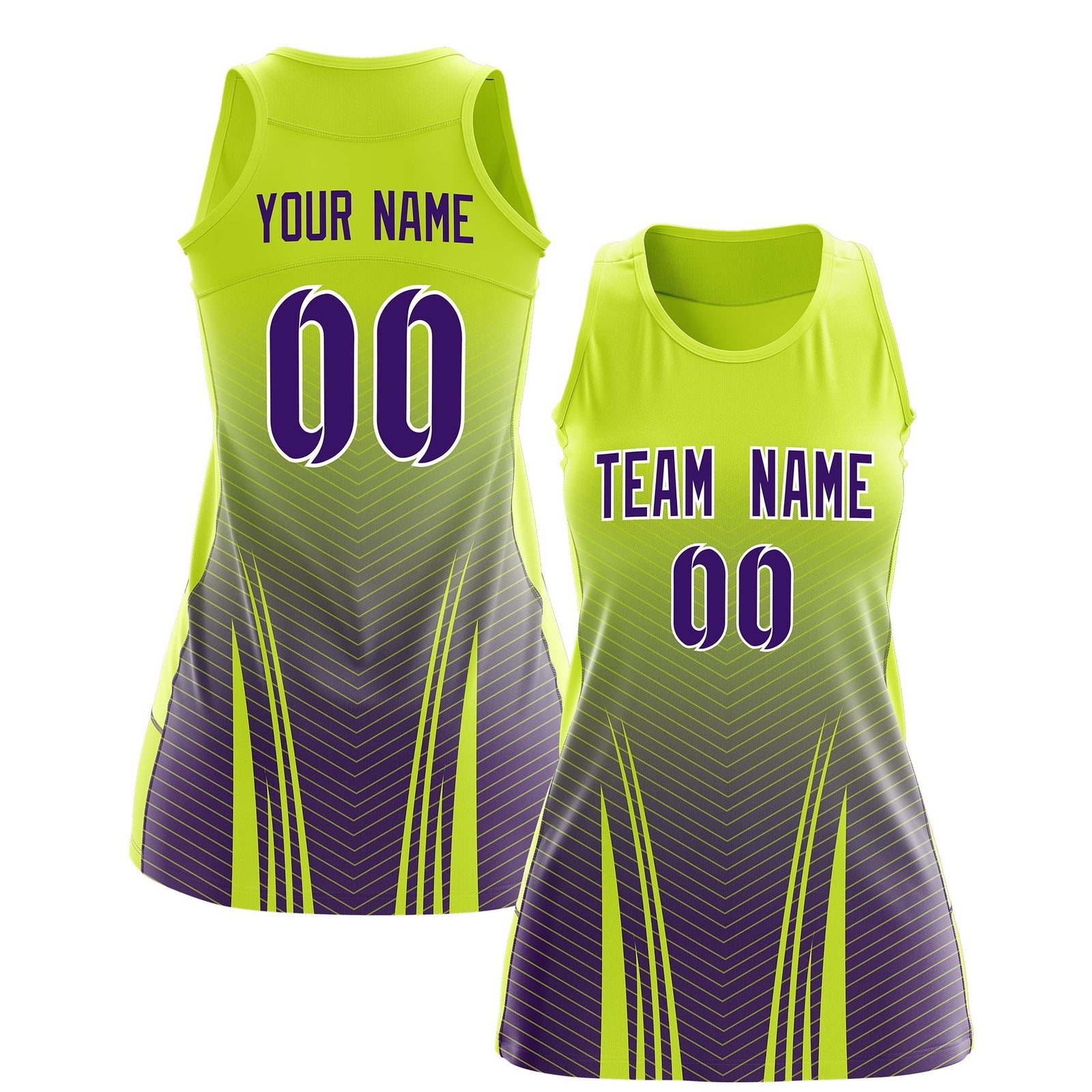 Custom Netball Dress | Fluorescent Green Purple V-Shaped Pinstripes Gradient Team Uniform