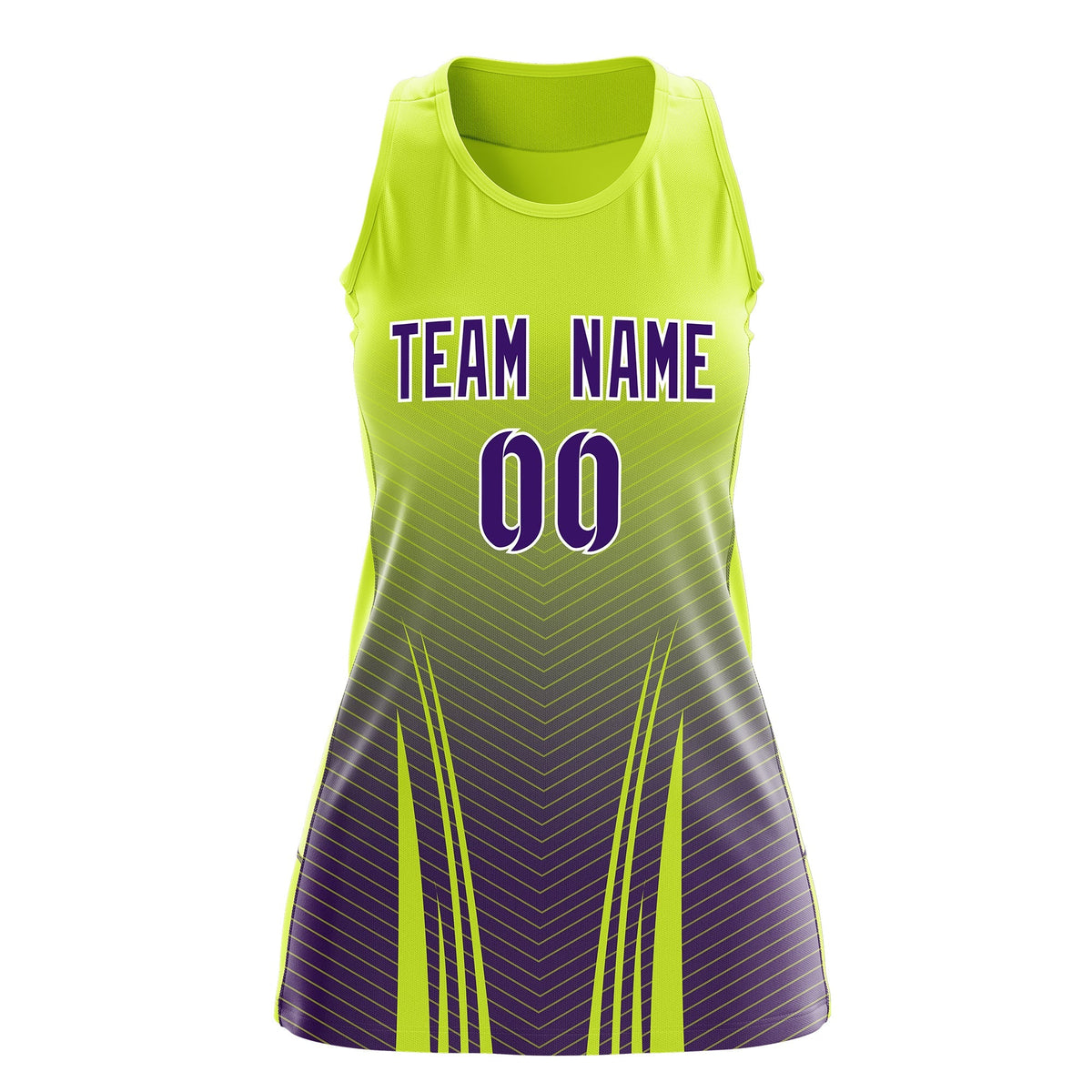 Custom Netball Dress | Fluorescent Green Purple V-Shaped Pinstripes Gradient Team Uniform