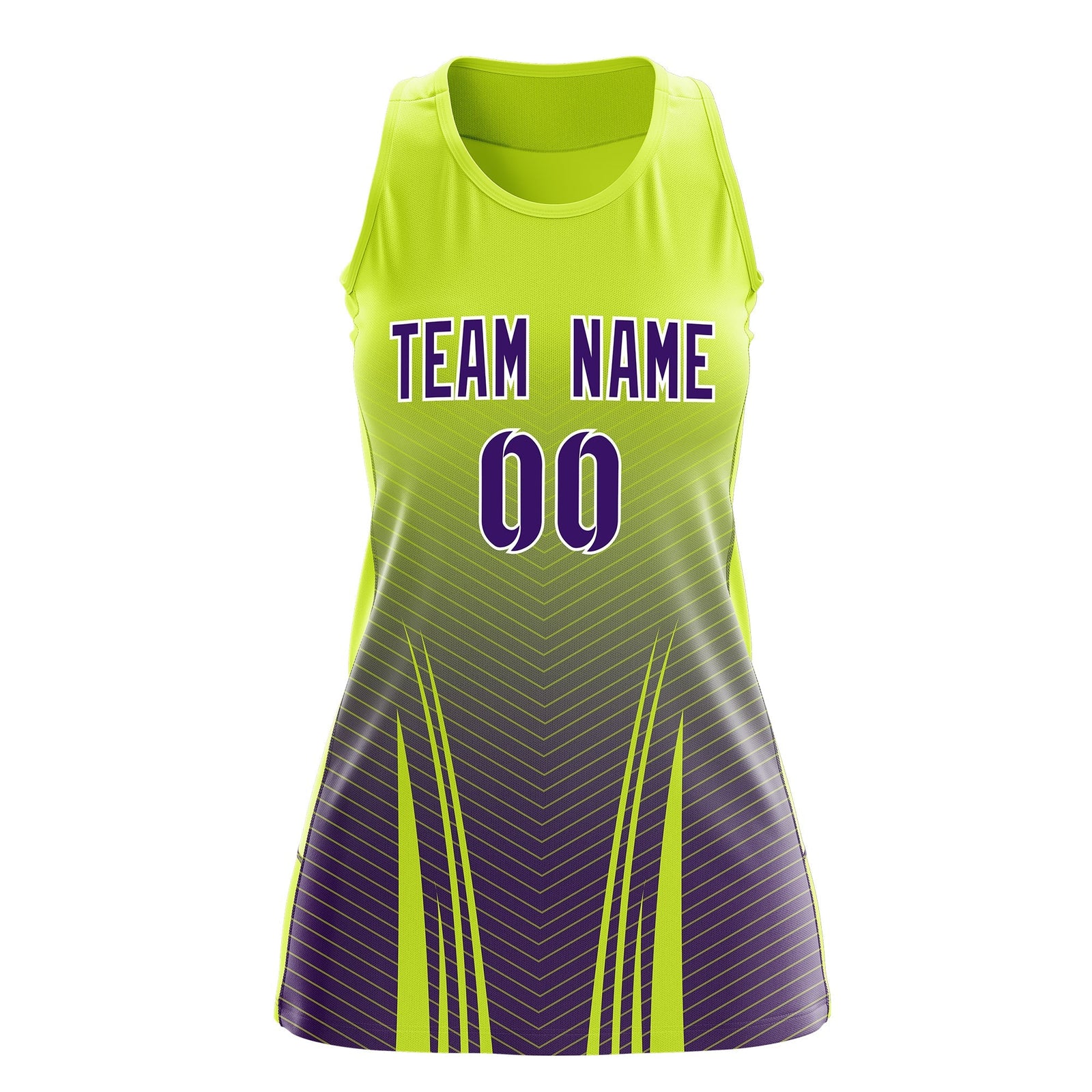 Custom Netball Dress | Fluorescent Green Purple V-Shaped Pinstripes Gradient Team Uniform