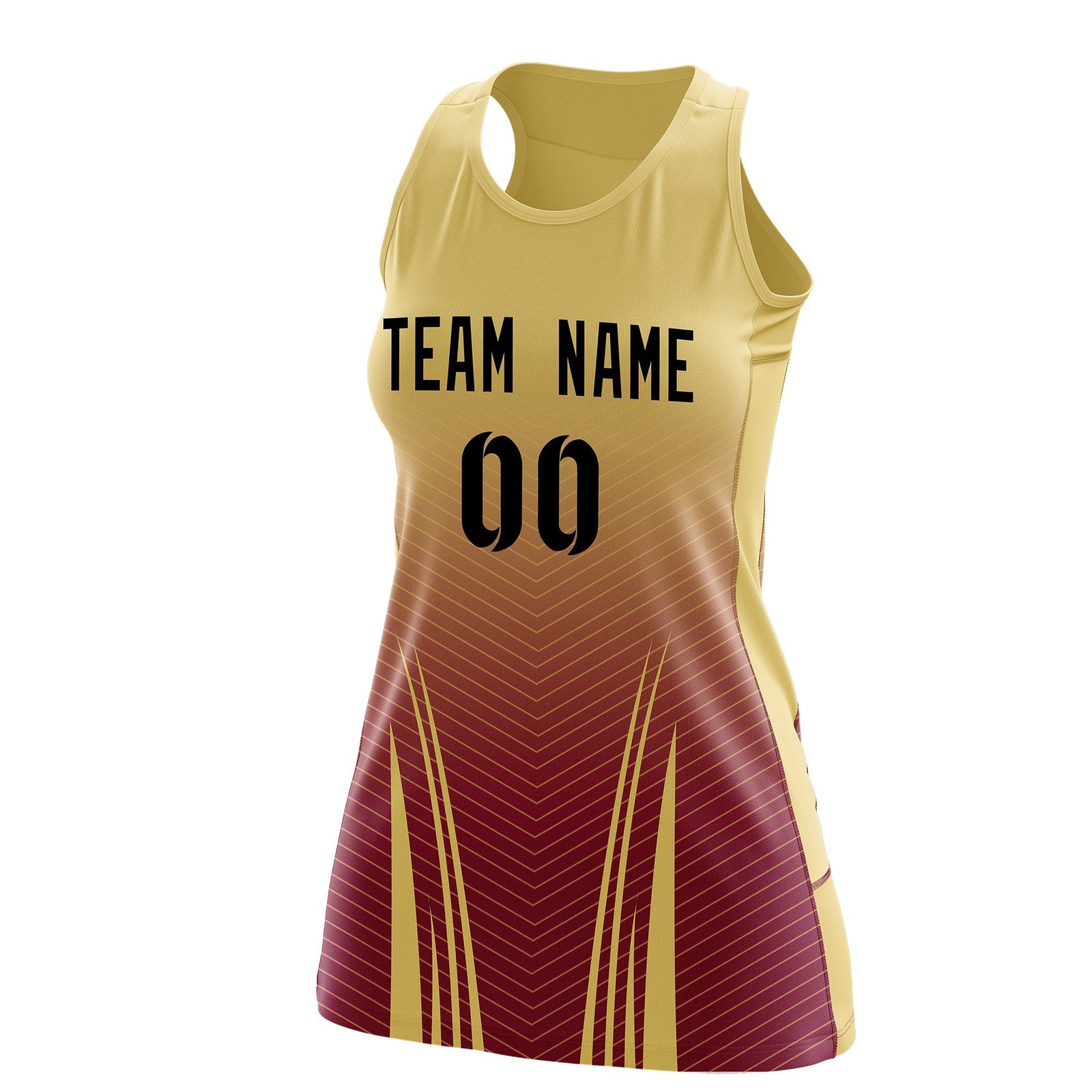Custom Women Netball Dress | Khaki Crimson V-Shaped Pinstripes Uniform with Name & Number