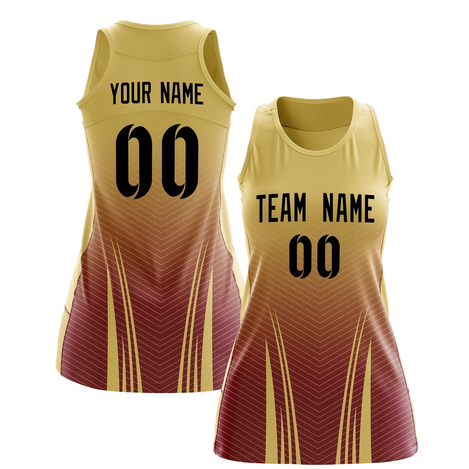 Custom Women Netball Dress | Khaki Crimson V-Shaped Pinstripes Uniform with Name & Number