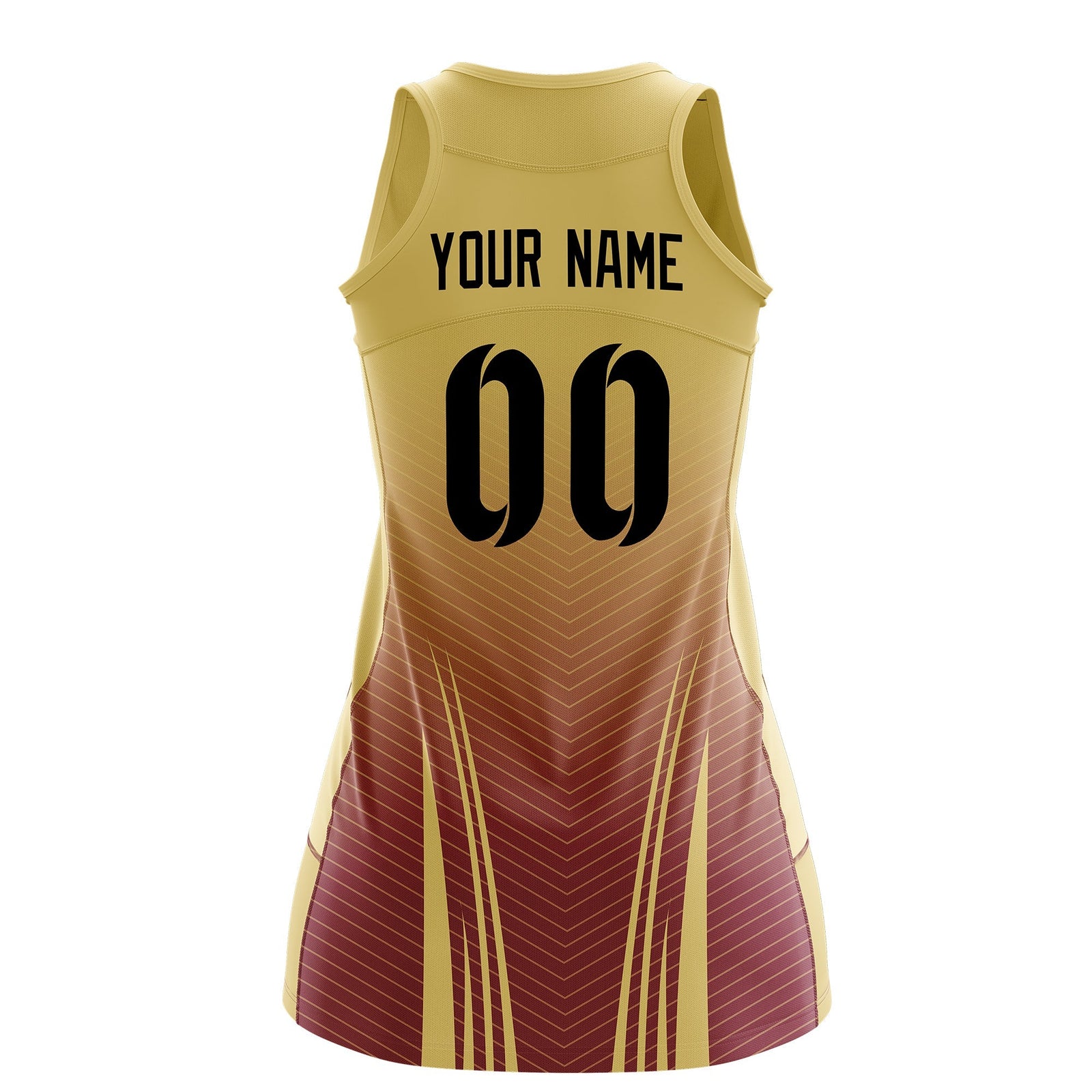 Custom Women Netball Dress | Khaki Crimson V-Shaped Pinstripes Uniform with Name & Number