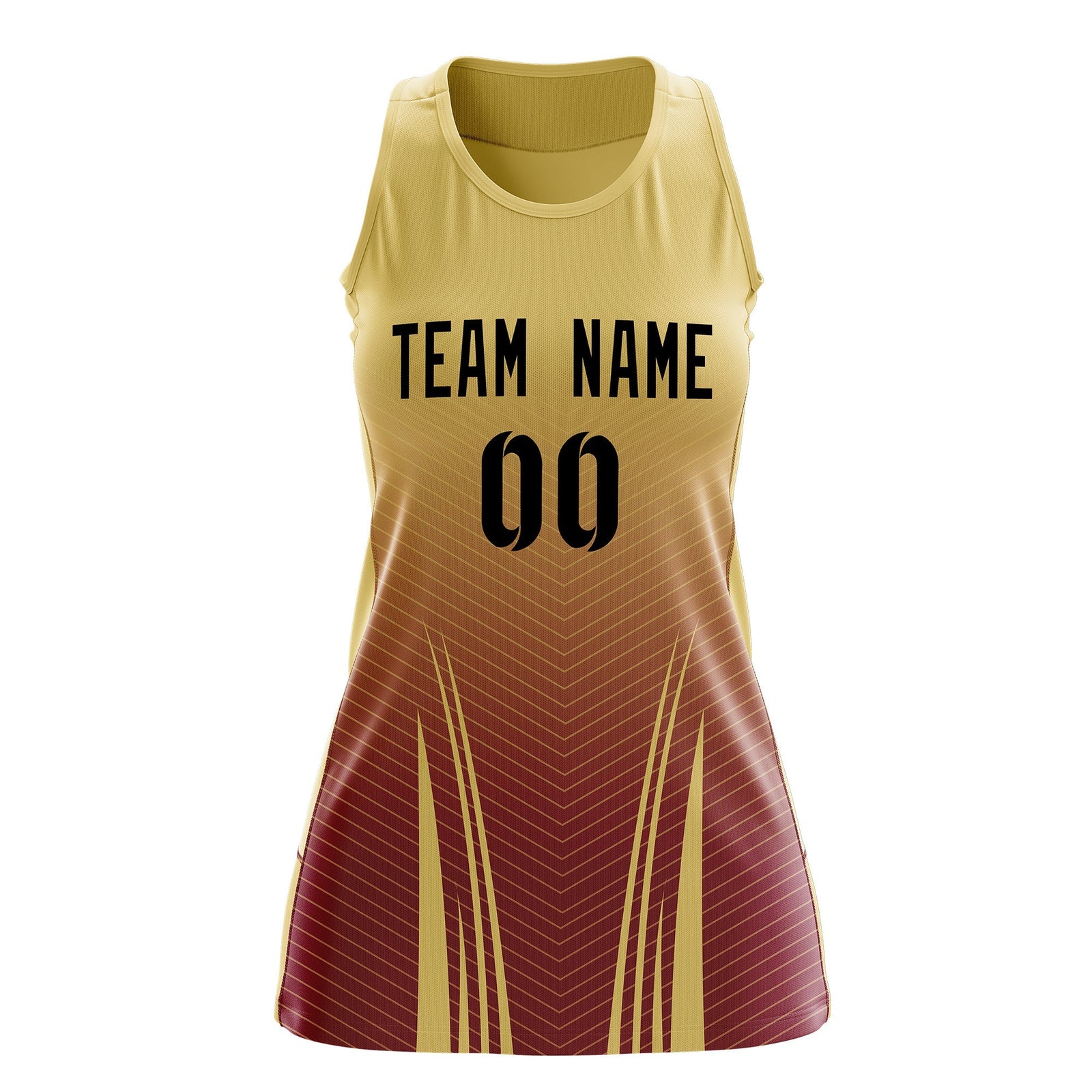 Custom Women Netball Dress | Khaki Crimson V-Shaped Pinstripes Uniform with Name & Number