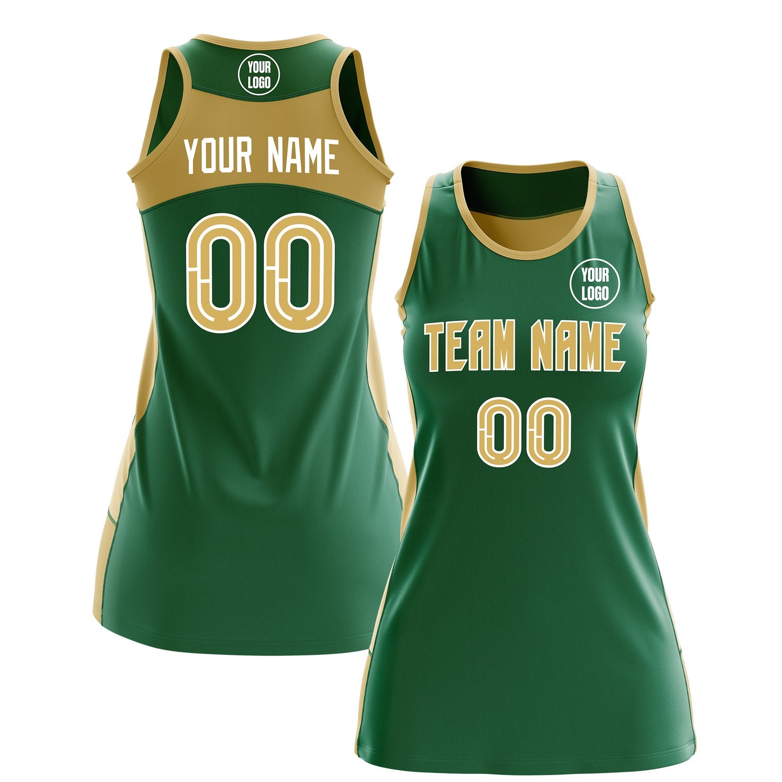 Custom Netball Dress | Kelly Green Old Gold Classic Style Two-Tone Match Day Uniform