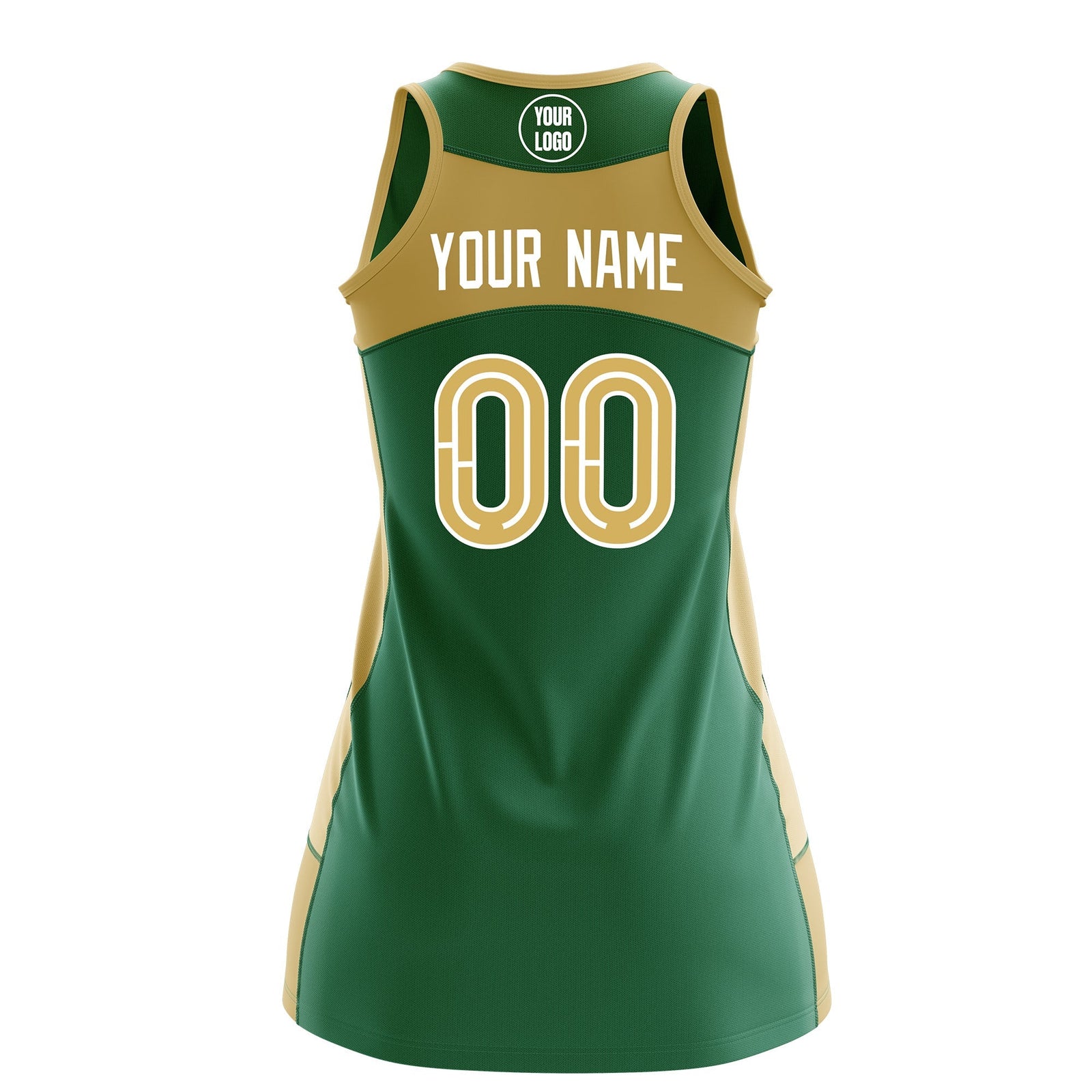 Custom Netball Dress | Kelly Green Old Gold Classic Style Two-Tone Match Day Uniform