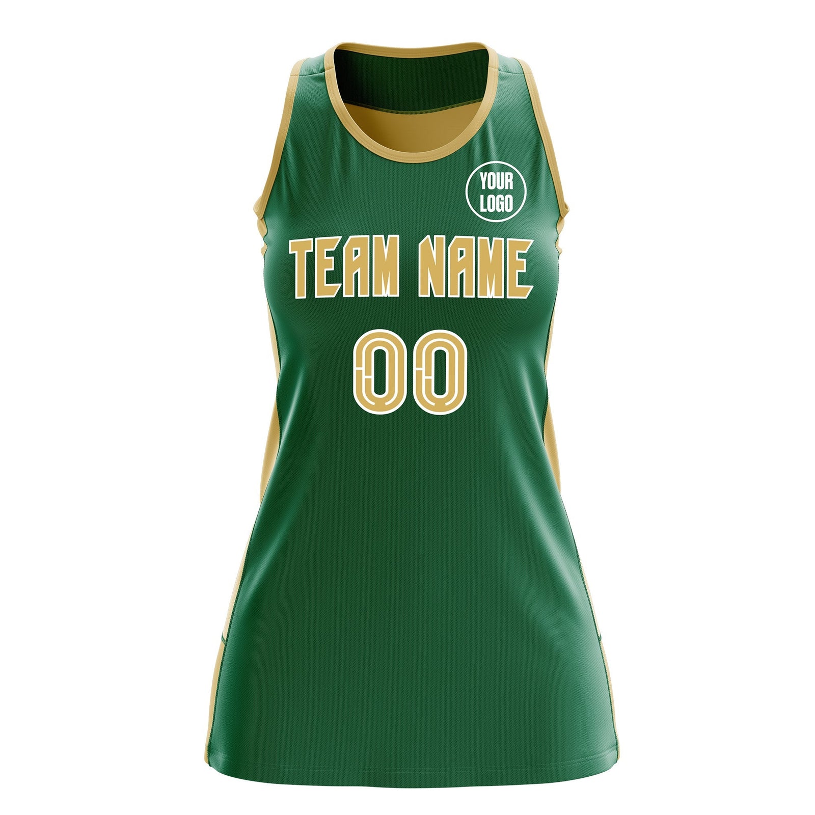 Custom Netball Dress | Kelly Green Old Gold Classic Style Two-Tone Match Day Uniform