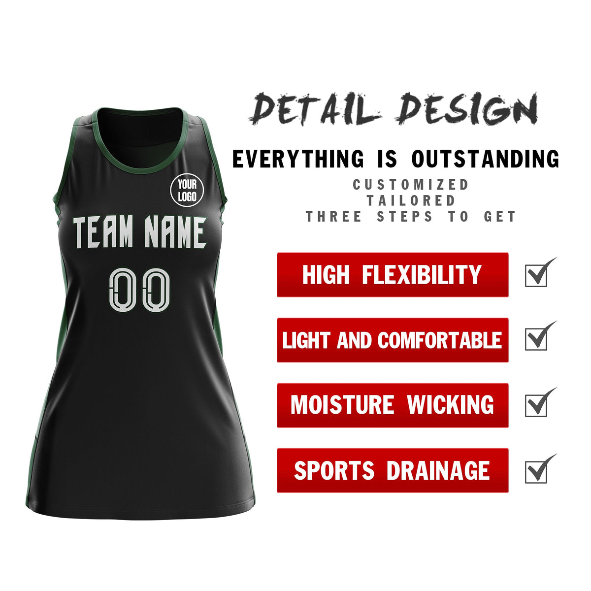 Custom Netball Dress | Black Green Classic Style Two-Tone Breathable Performance Sportswear