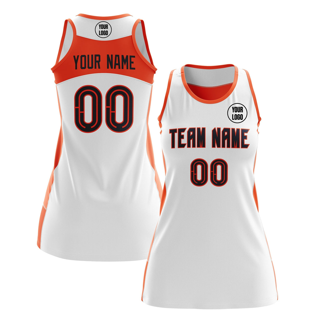 Custom Netball Dress | White Orange Classic Style Two-Tone Breathable Performance Sportswear