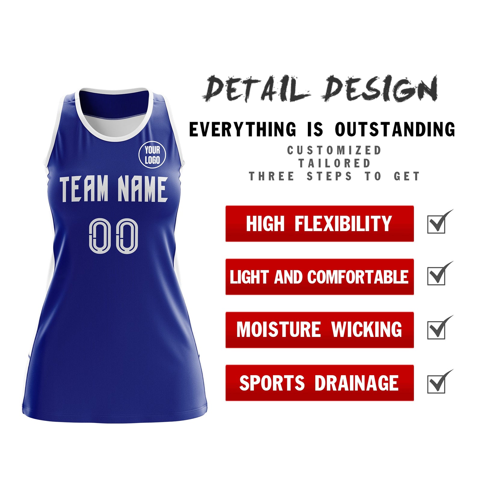 Custom Netball Dress | Royal Blue White Classic Style Two-Tone Breathable Performance Sportswear