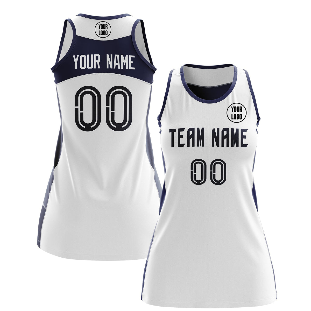 Custom Netball Dress | White Navy Classic Style Two-Tone Match Day Uniform