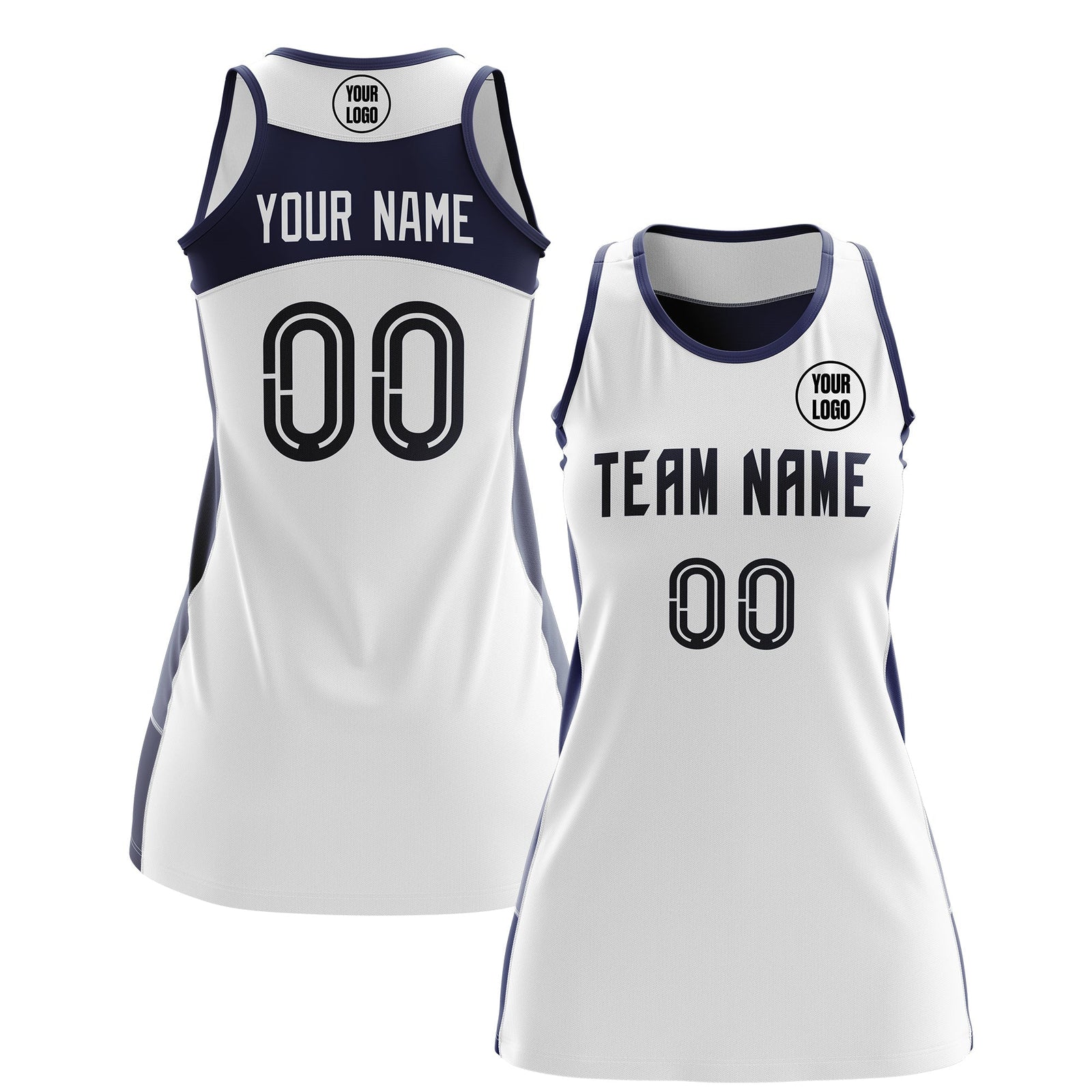 Custom Netball Dress | White Navy Classic Style Two-Tone Match Day Uniform