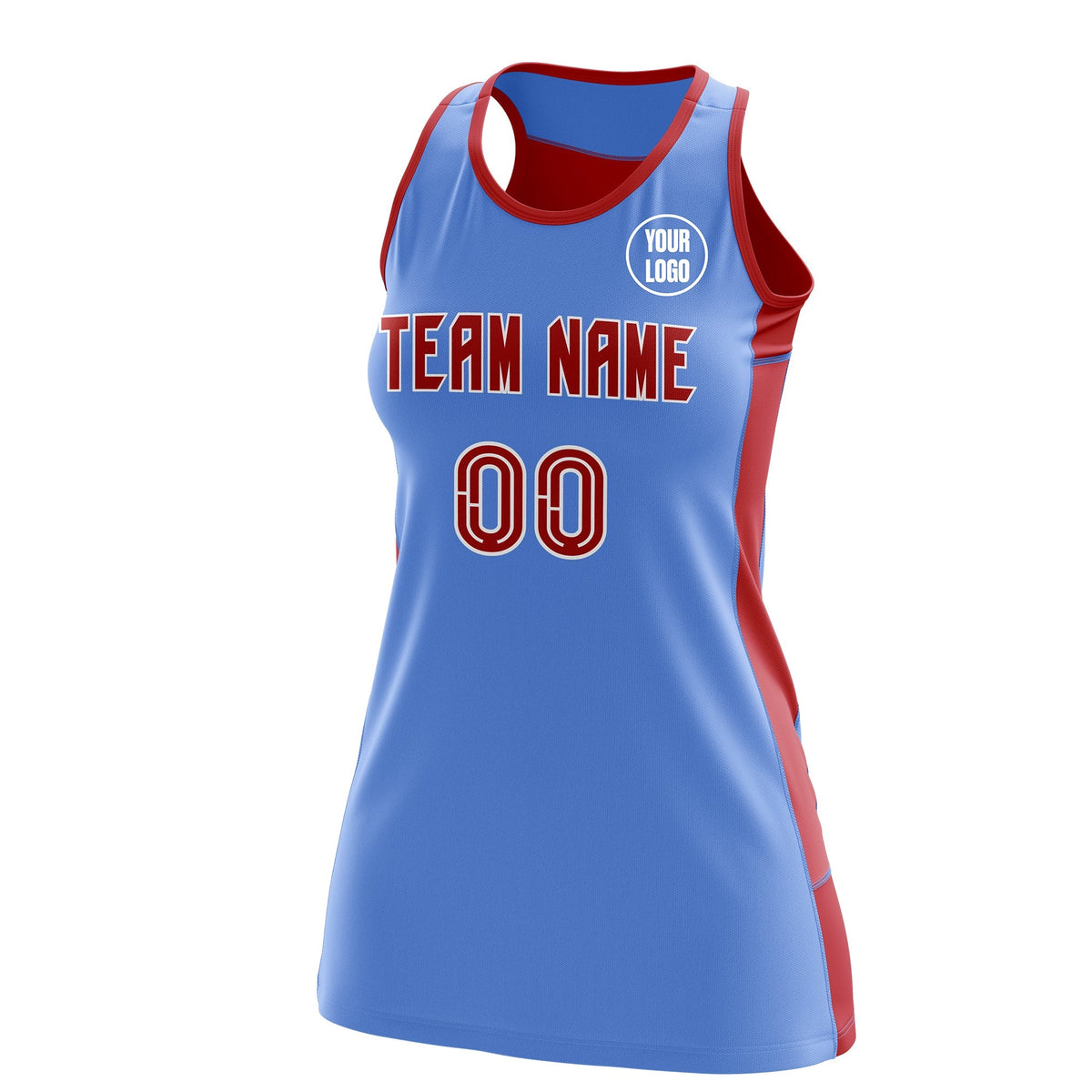 Custom Netball Dress | Powder Blue Red Classic Style Two-Tone Match Day Uniform