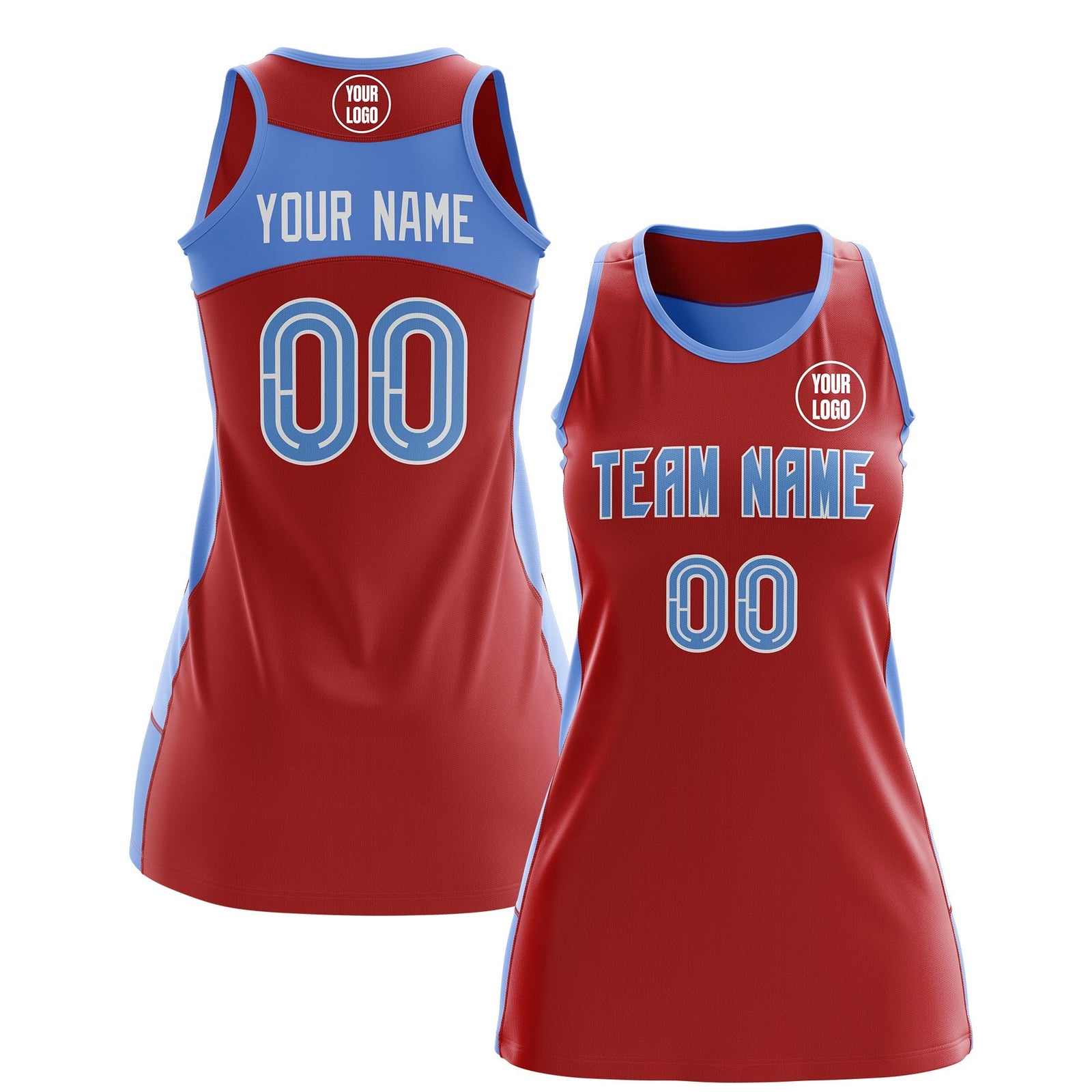 Custom Netball Dress | Red Powder Blue Classic Style Two-Tone Breathable Performance Sportswear