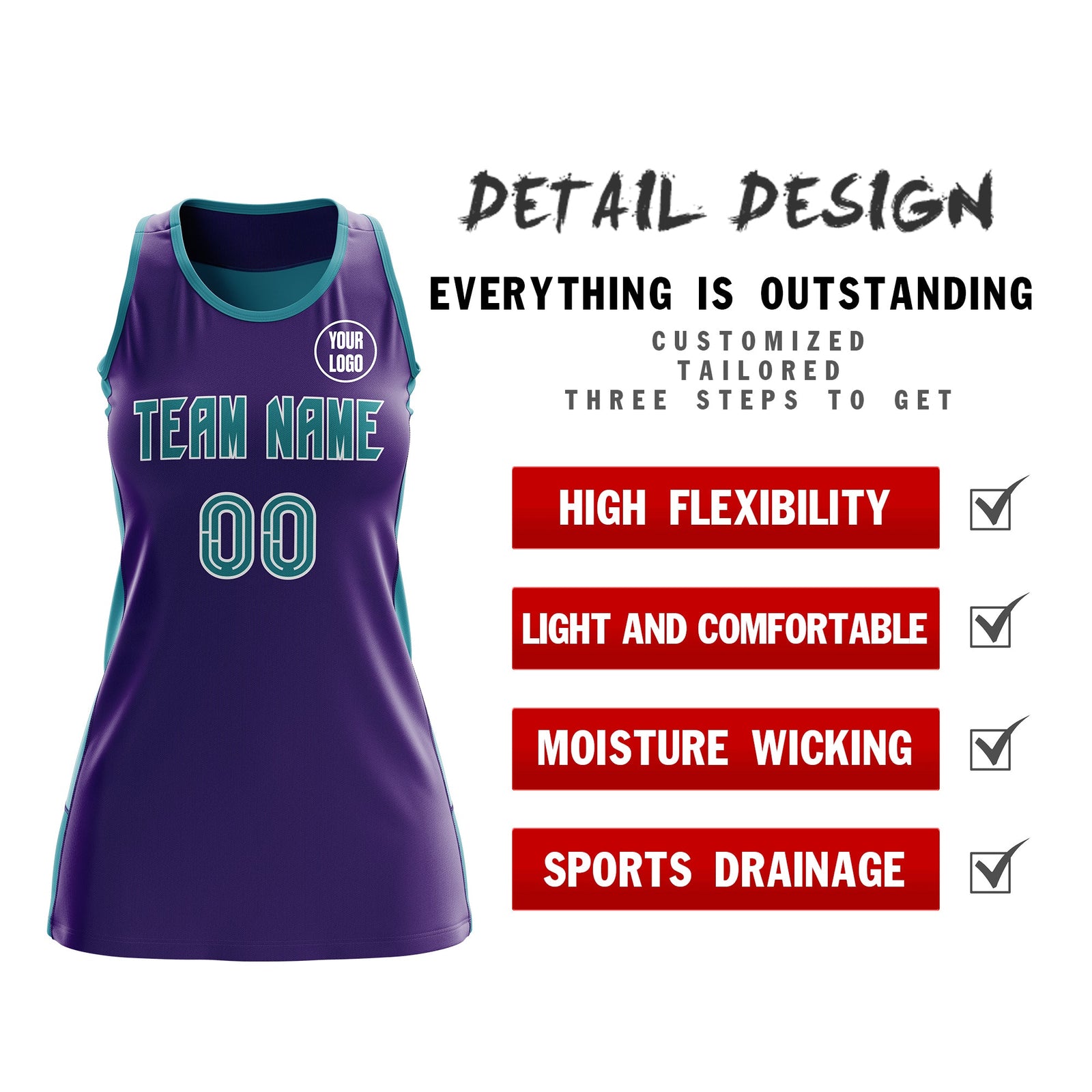 Custom Netball Dress | Purple Teal Classic Style Two-Tone Breathable Performance Sportswear