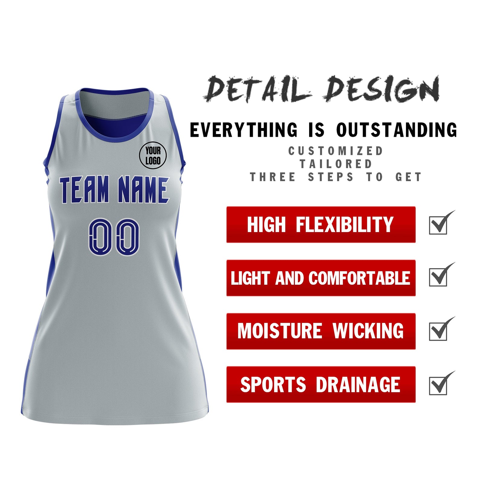 Custom Netball Dress | Silver Royal Blue Classic Style Two-Tone Breathable Performance Sportswear