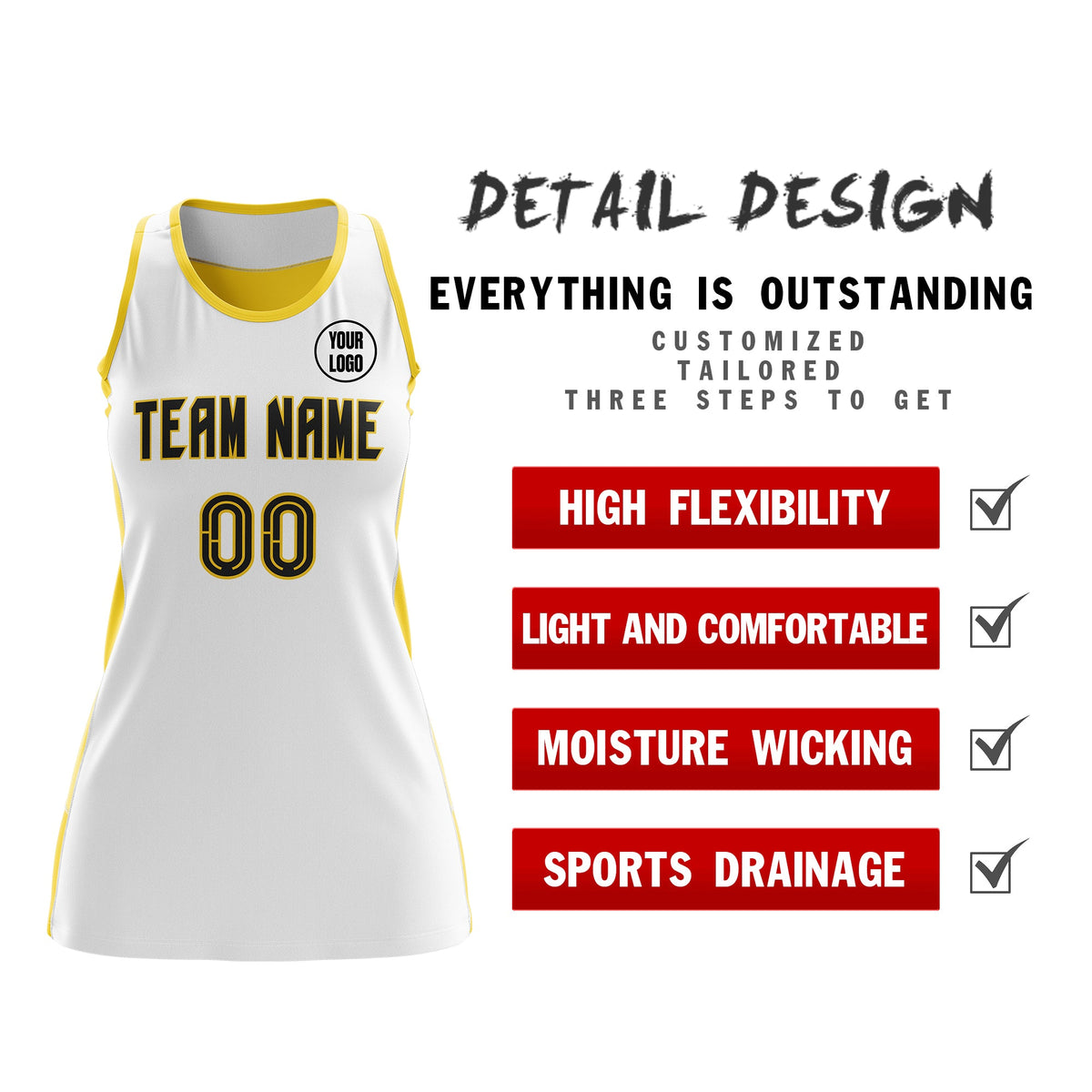 Custom Netball Dress | White Gold Classic Style Two-Tone Breathable Performance Sportswear