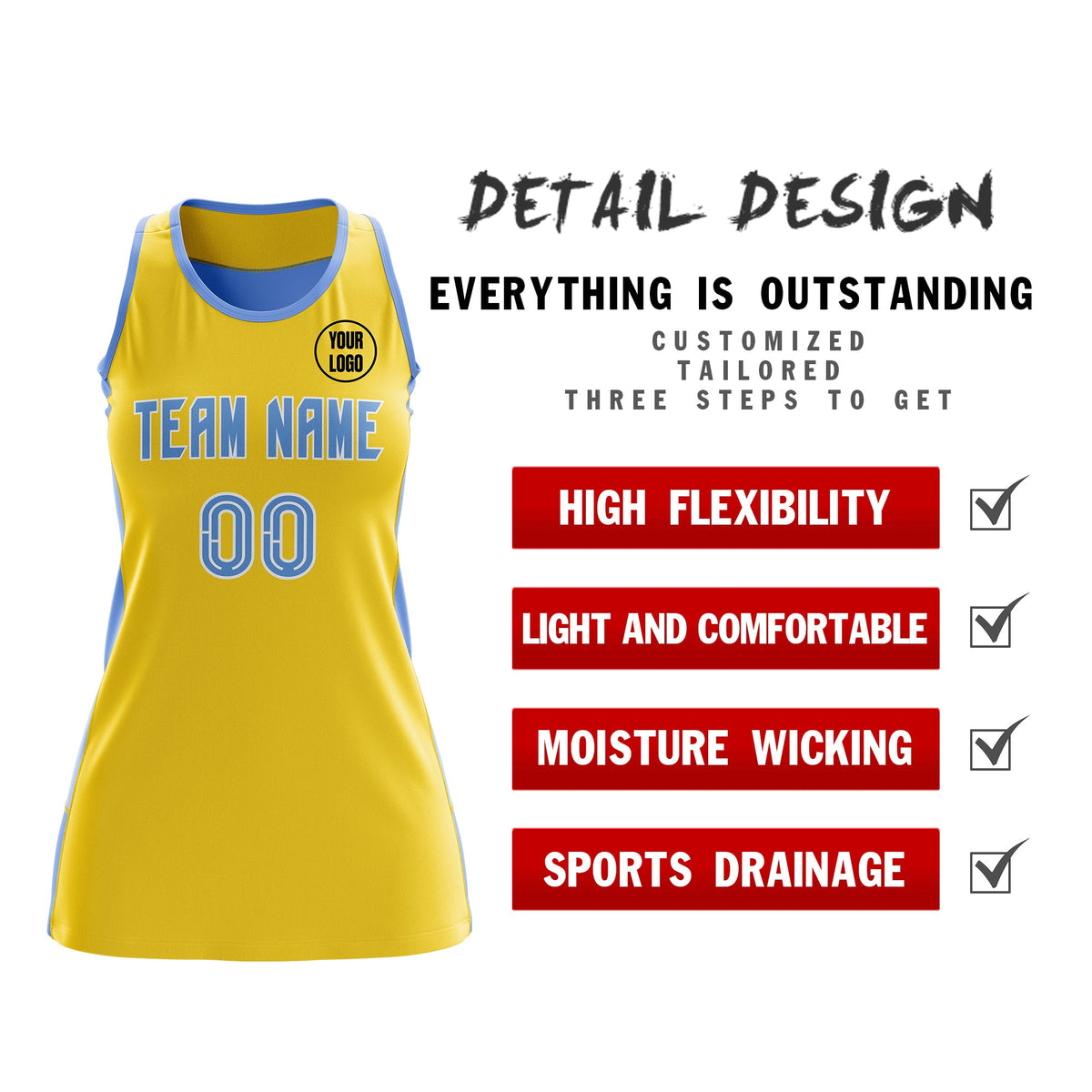 Custom Netball Dress | Gold Powder Blue Classic Style Two-Tone Breathable Performance Sportswear
