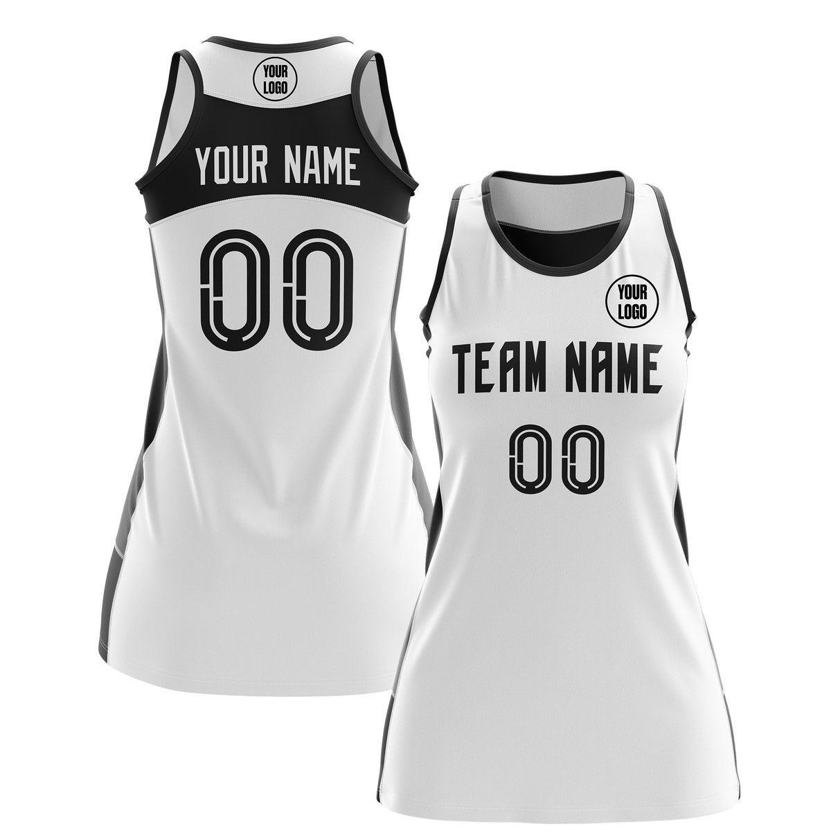 Custom Netball Dress | White Black Classic Style Two-Tone Professional Team Uniforms