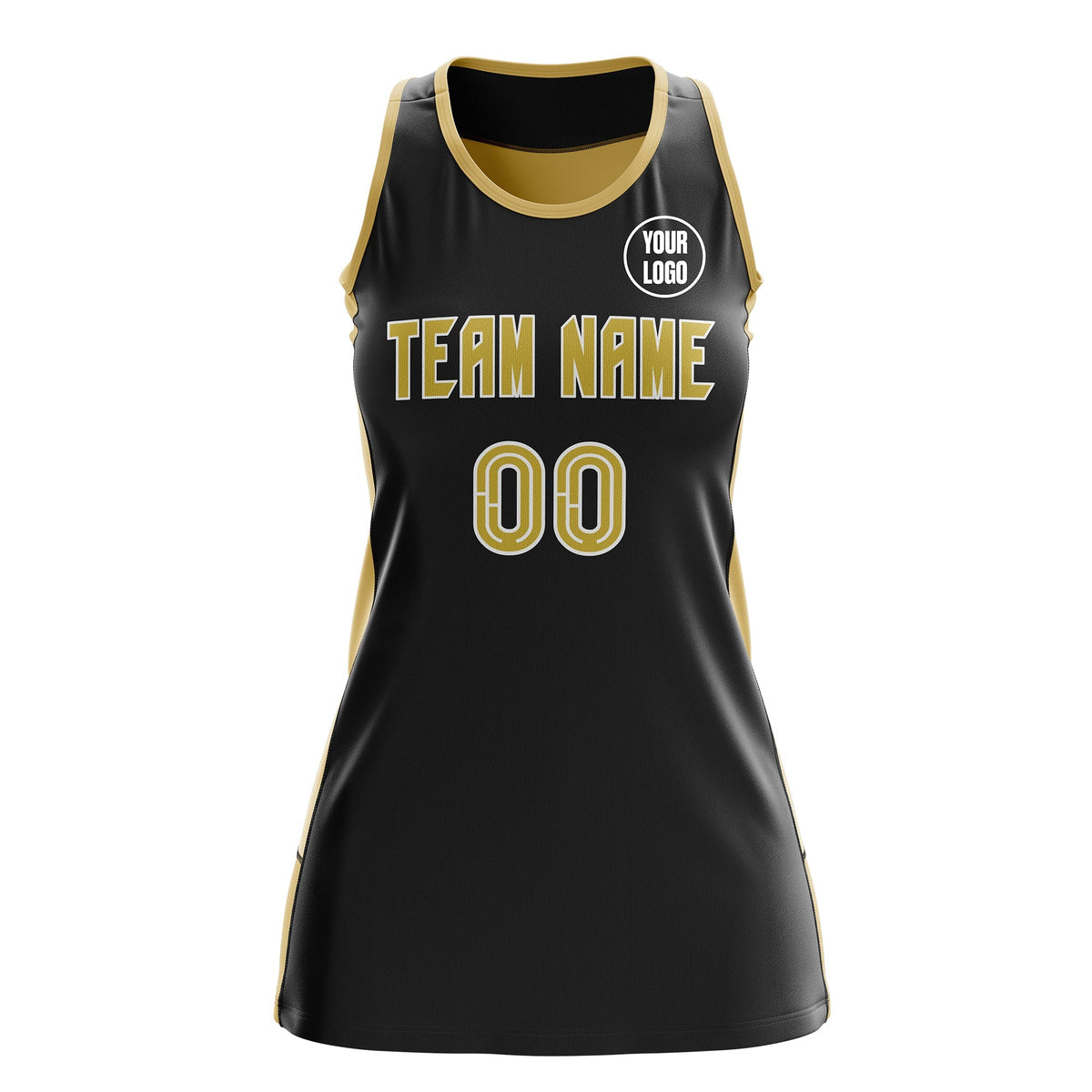 Custom Netball Dress | Black Old Gold Classic Style Two-Tone Professional Team Uniforms