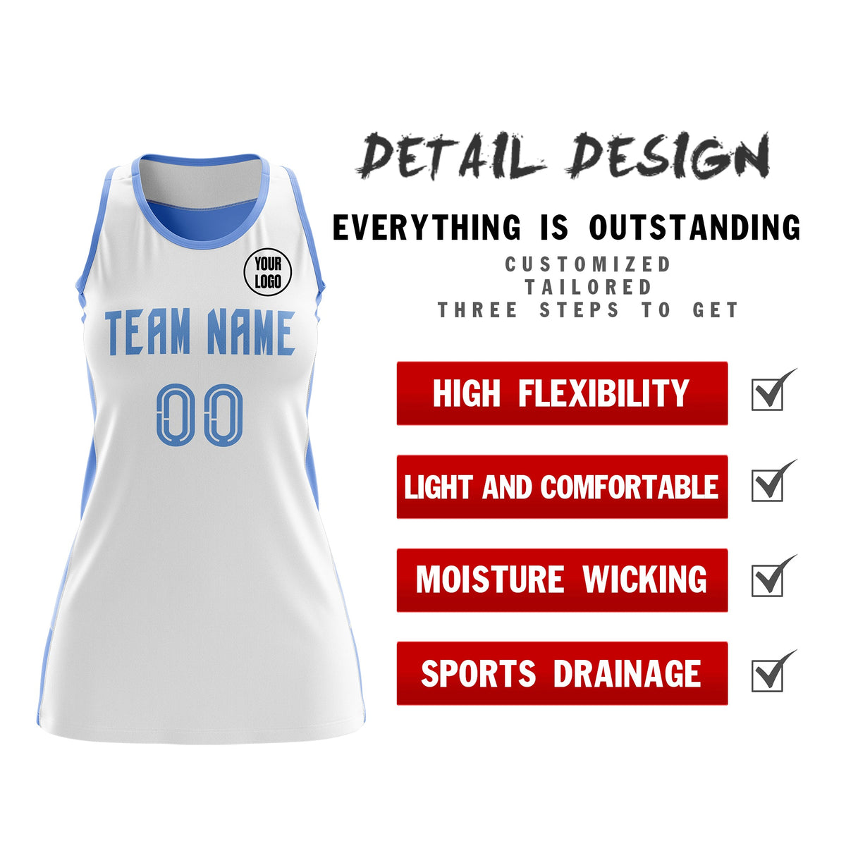 Custom Netball Dress | White Powder Blue Classic Style Two-Tone Match Day Uniform