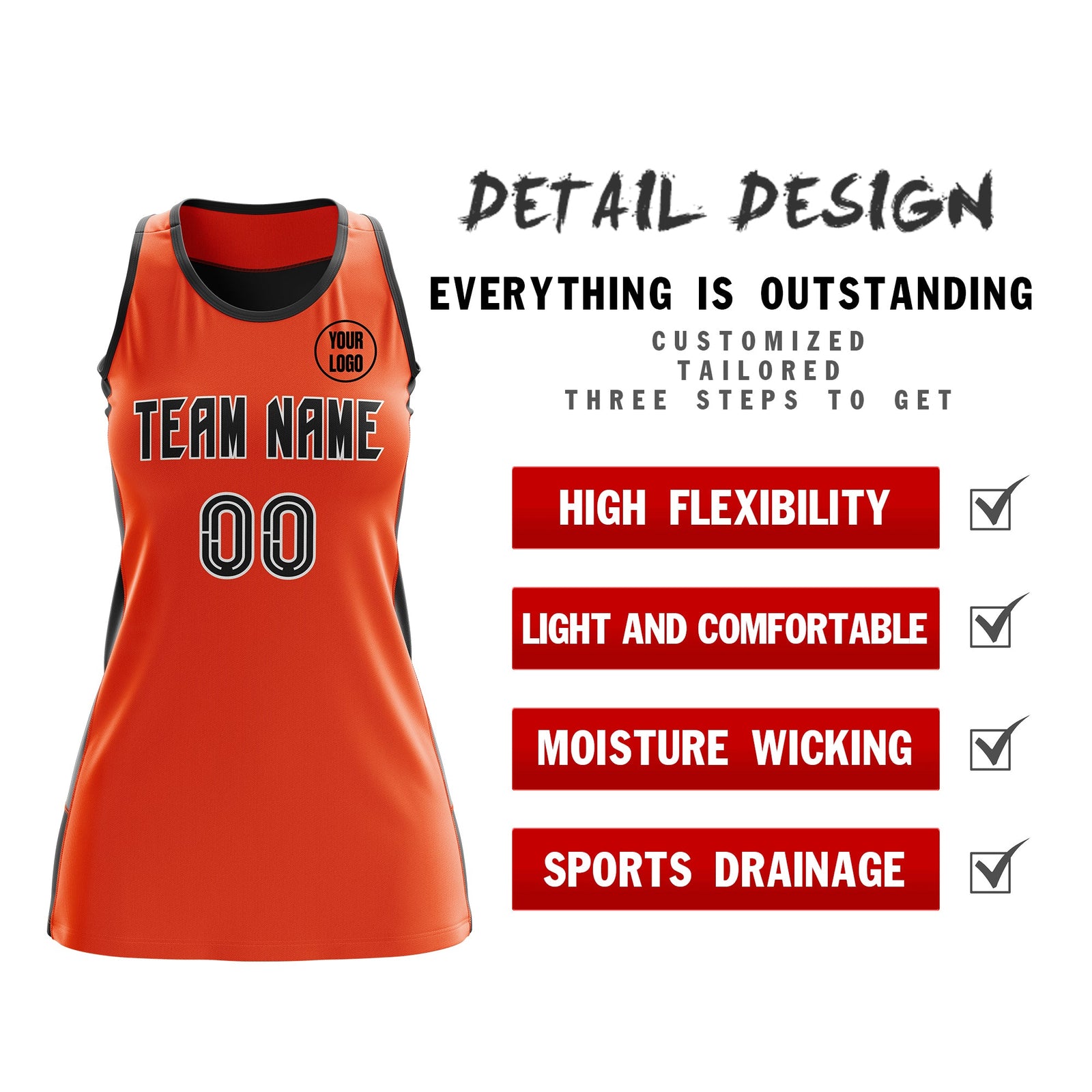 Custom Netball Dress | Orange Black Classic Style Two-Tone Professional Team Uniforms