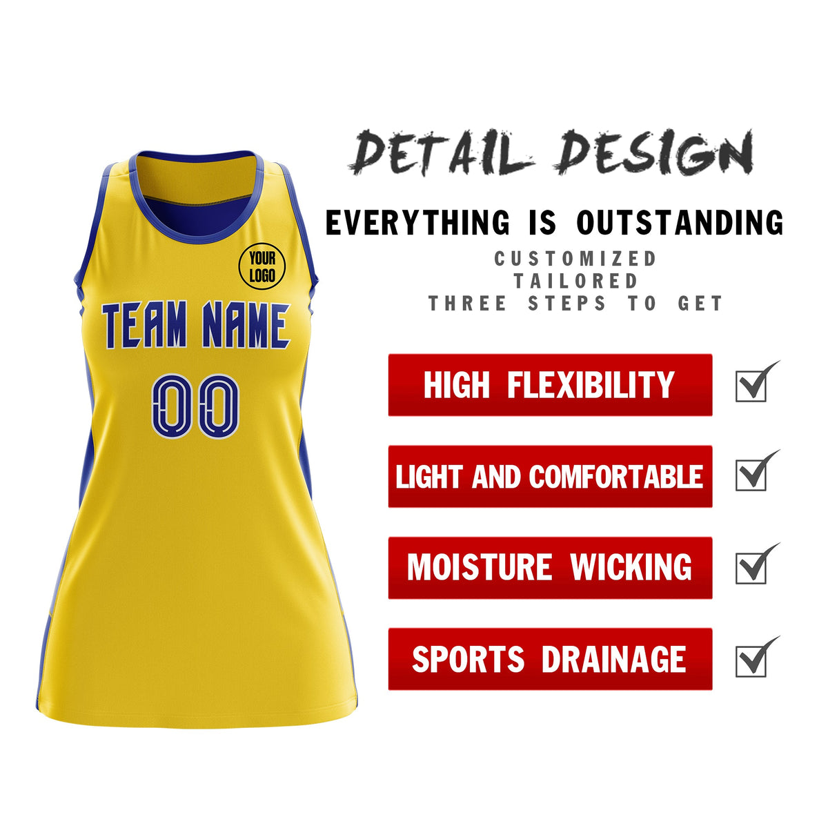 Custom Netball Dress | Gold Royal Blue Classic Style Two-Tone Professional Team Uniforms
