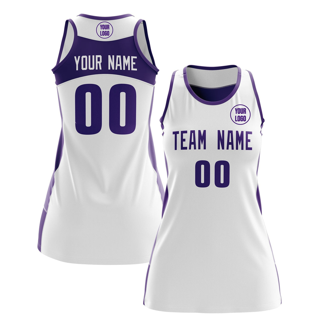 Custom Netball Dress | White Purple Classic Style Two-Tone Breathable Performance Sportswear