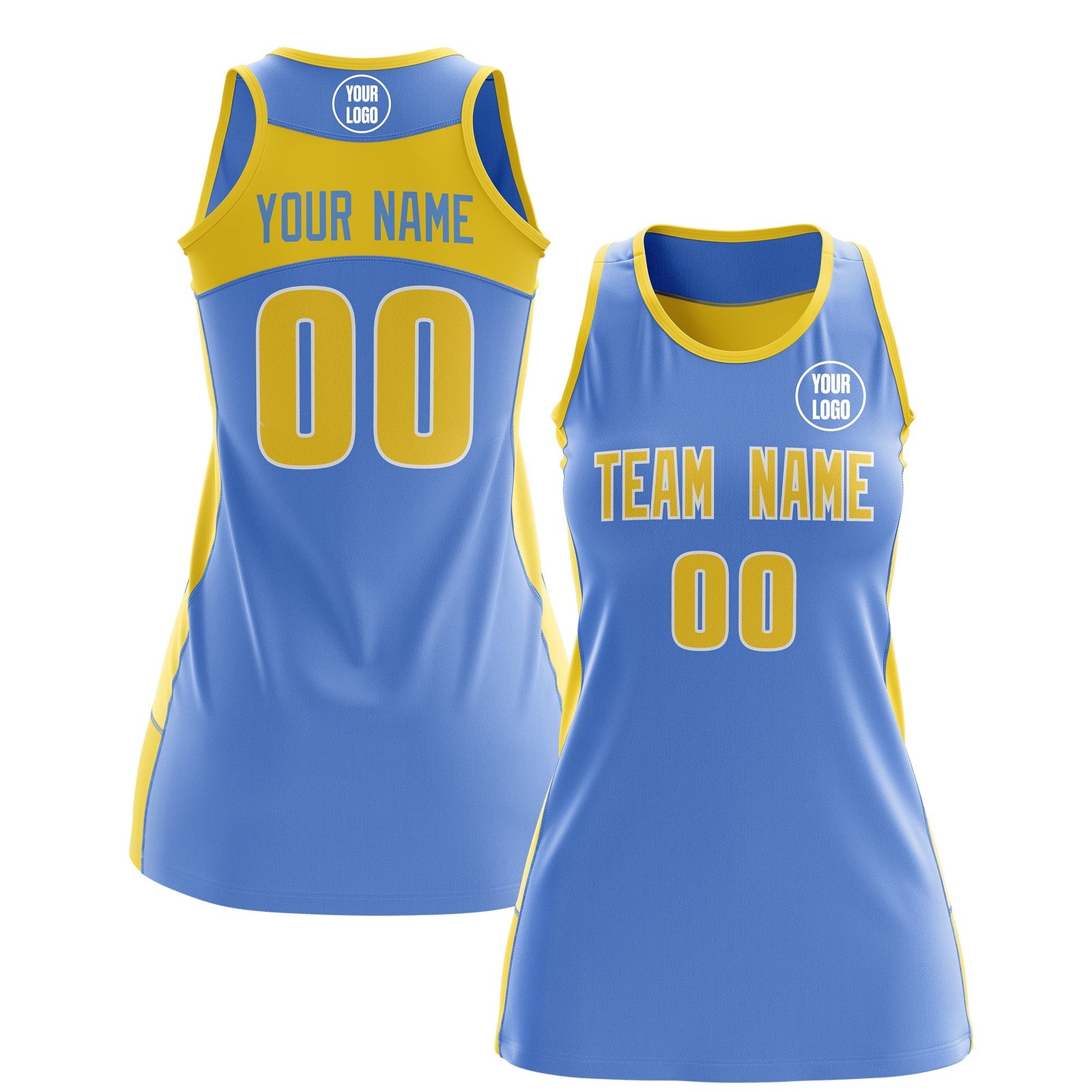 Custom Netball Dress | Powder Blue Gold Classic Style Two-Tone Breathable Performance Sportswear