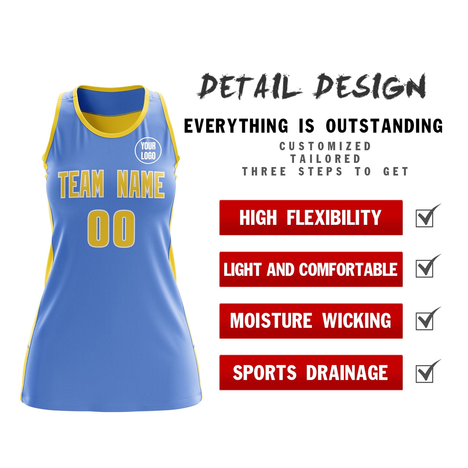 Custom Netball Dress | Powder Blue Gold Classic Style Two-Tone Breathable Performance Sportswear