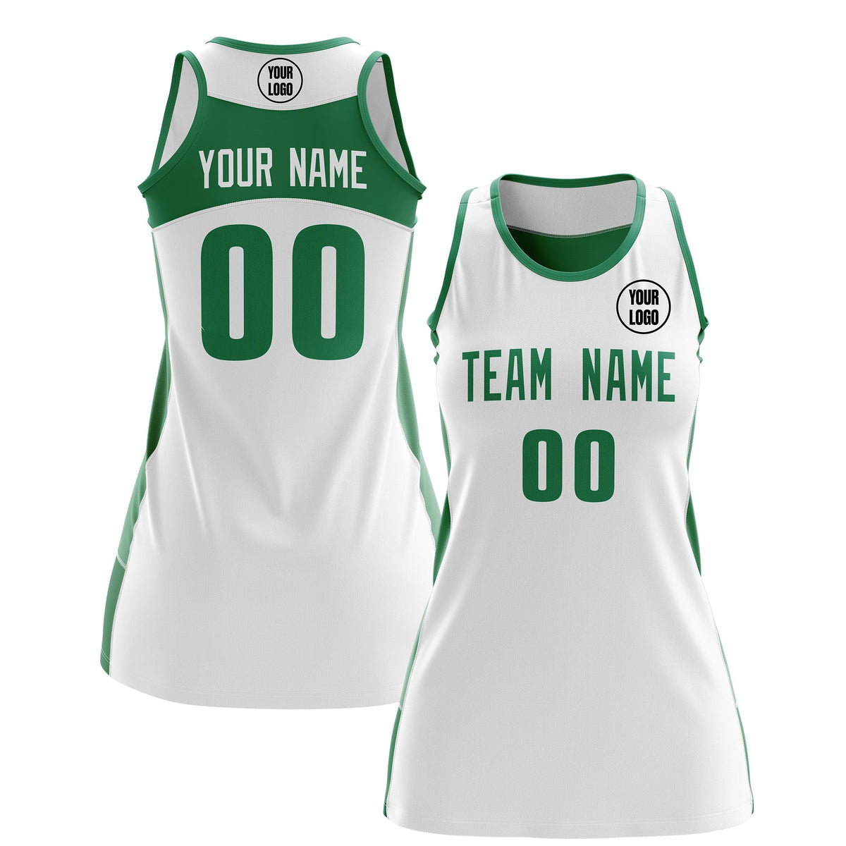 Custom Netball Dress | White Kelly Green Classic Style Two-Tone Professional Team Uniforms