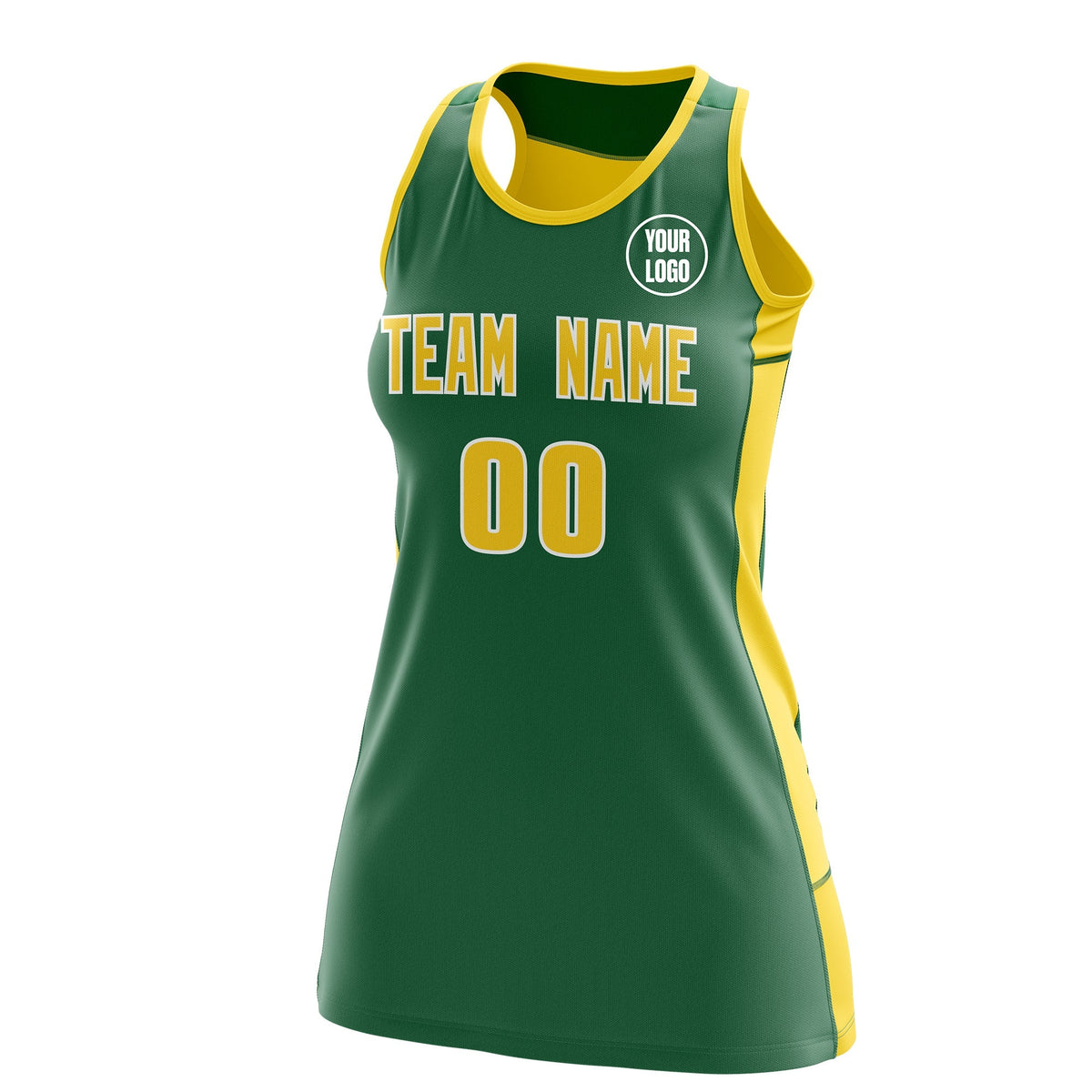 Custom Netball Dress | Kelly Green Gold Classic Style Two-Tone Professional Team Uniforms
