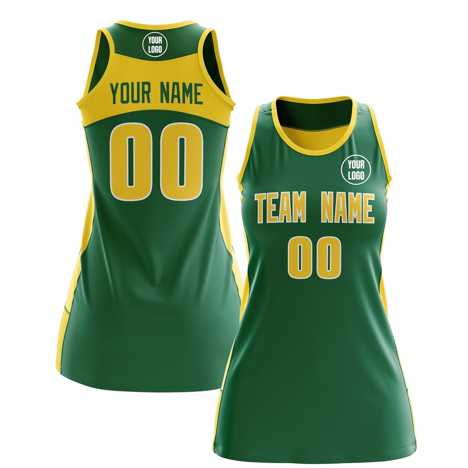 Custom Netball Dress | Kelly Green Gold Classic Style Two-Tone Professional Team Uniforms