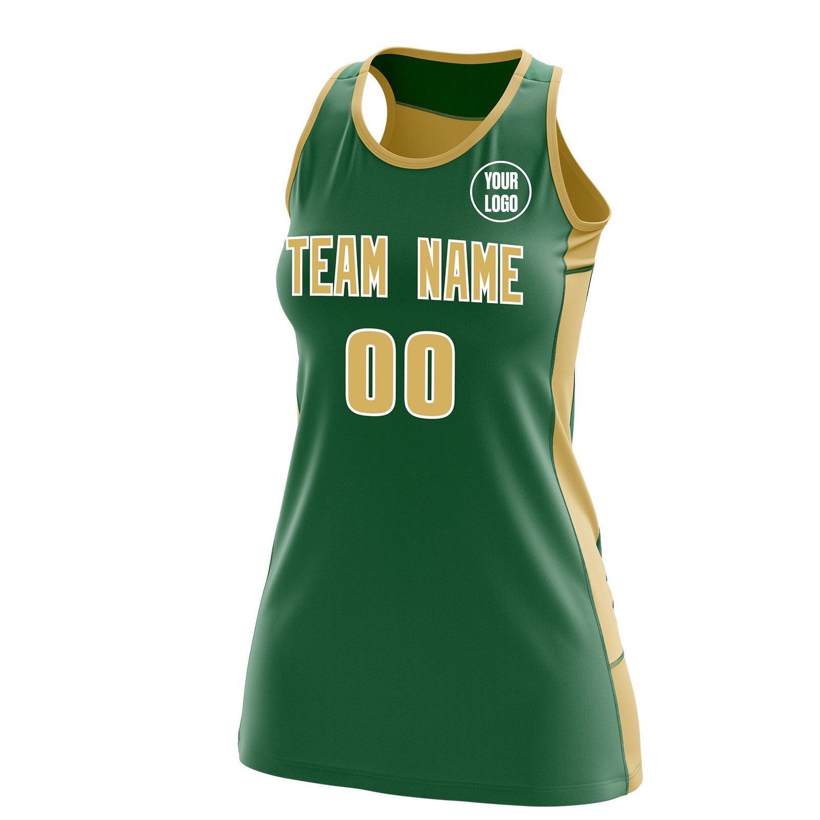 Custom Netball Dress | Kelly Green Old Gold Classic Style Two-Tone Match Day Uniform