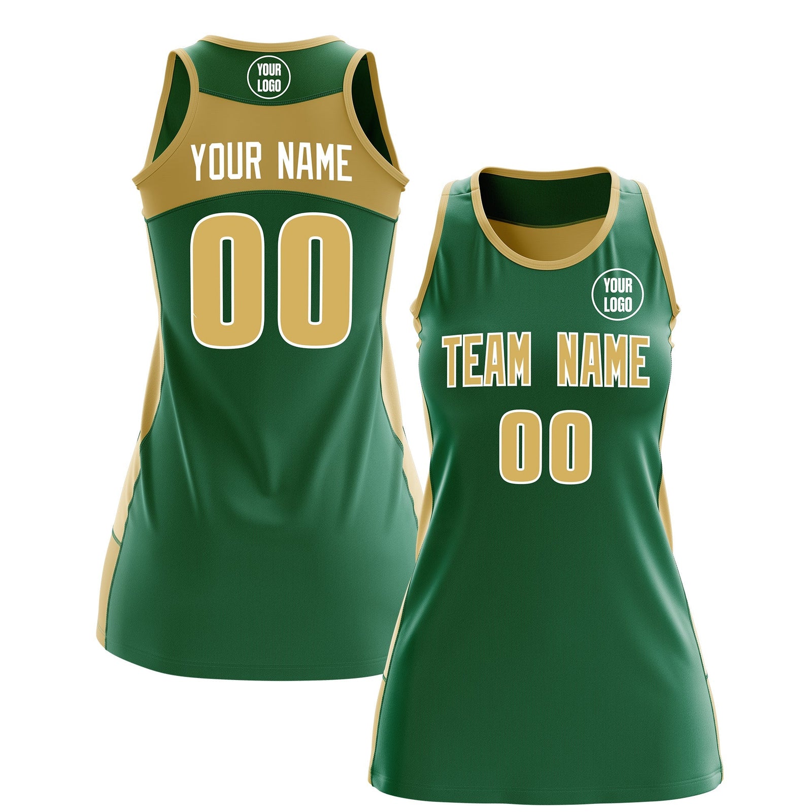 Custom Netball Dress | Kelly Green Old Gold Classic Style Two-Tone Match Day Uniform