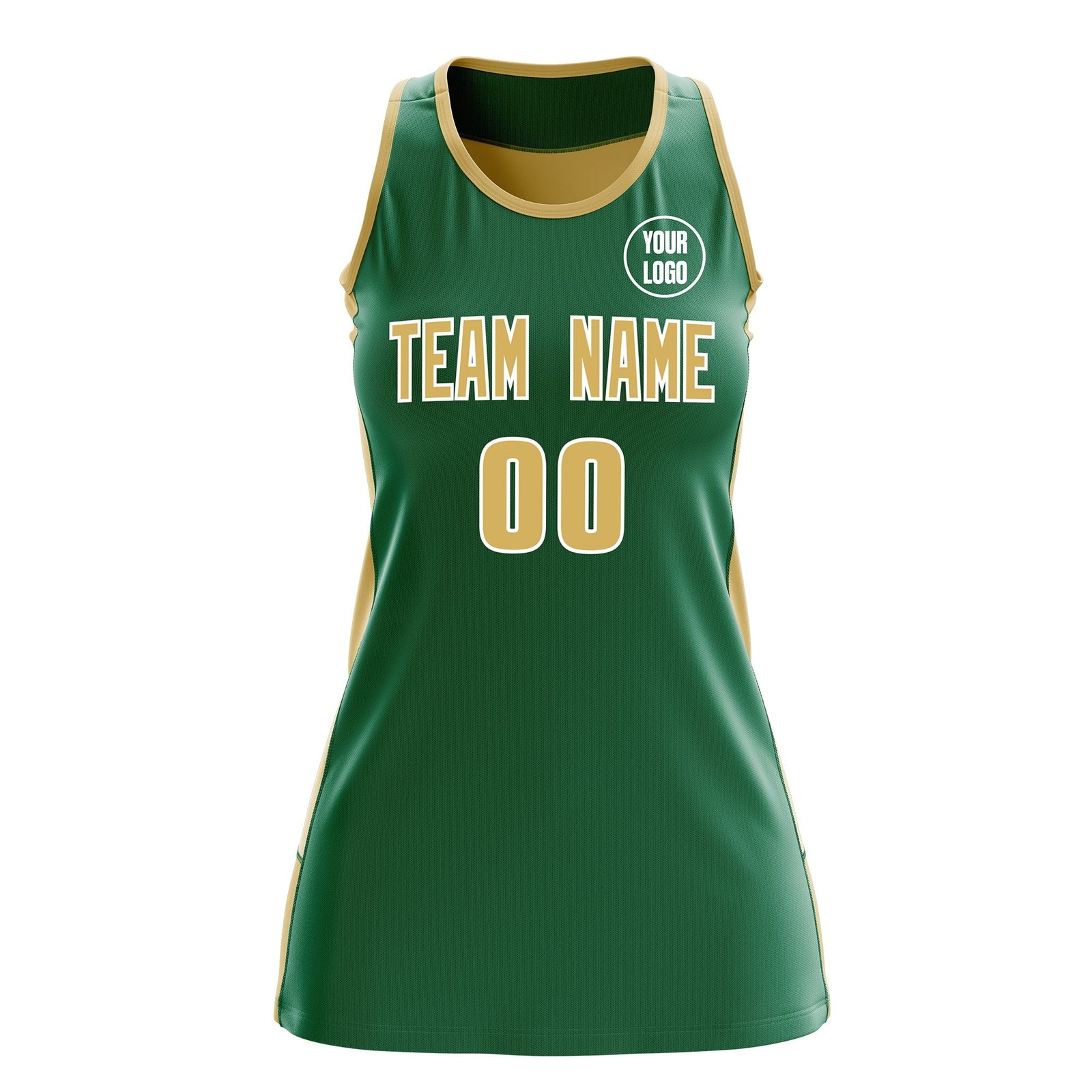Custom Netball Dress | Kelly Green Old Gold Classic Style Two-Tone Match Day Uniform