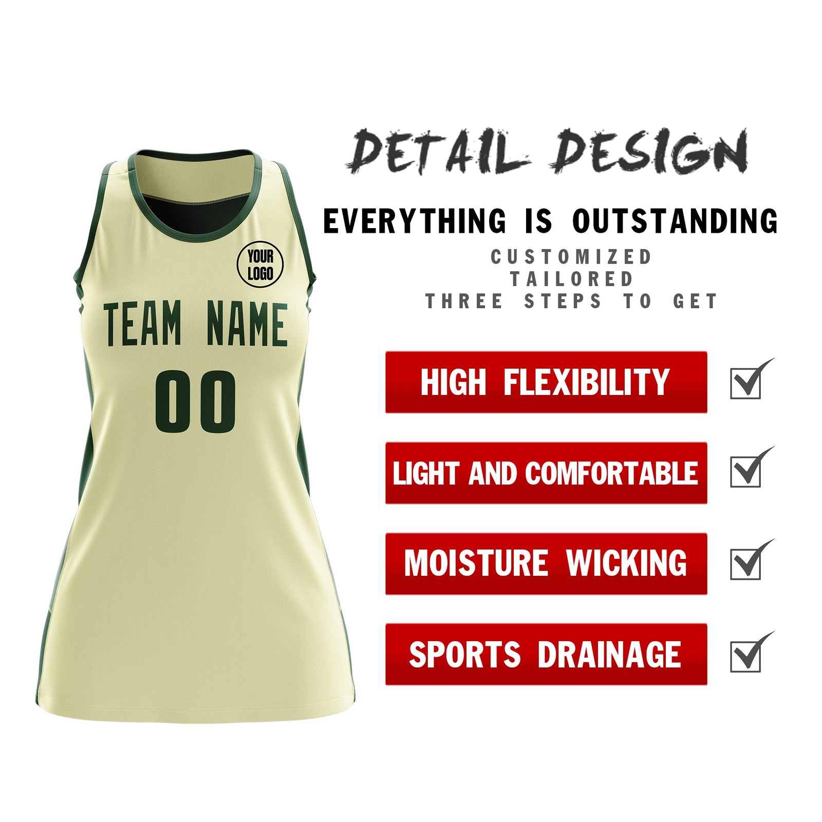 Custom Netball Dress | Cream Green Classic Style Two-Tone Breathable Performance Sportswear