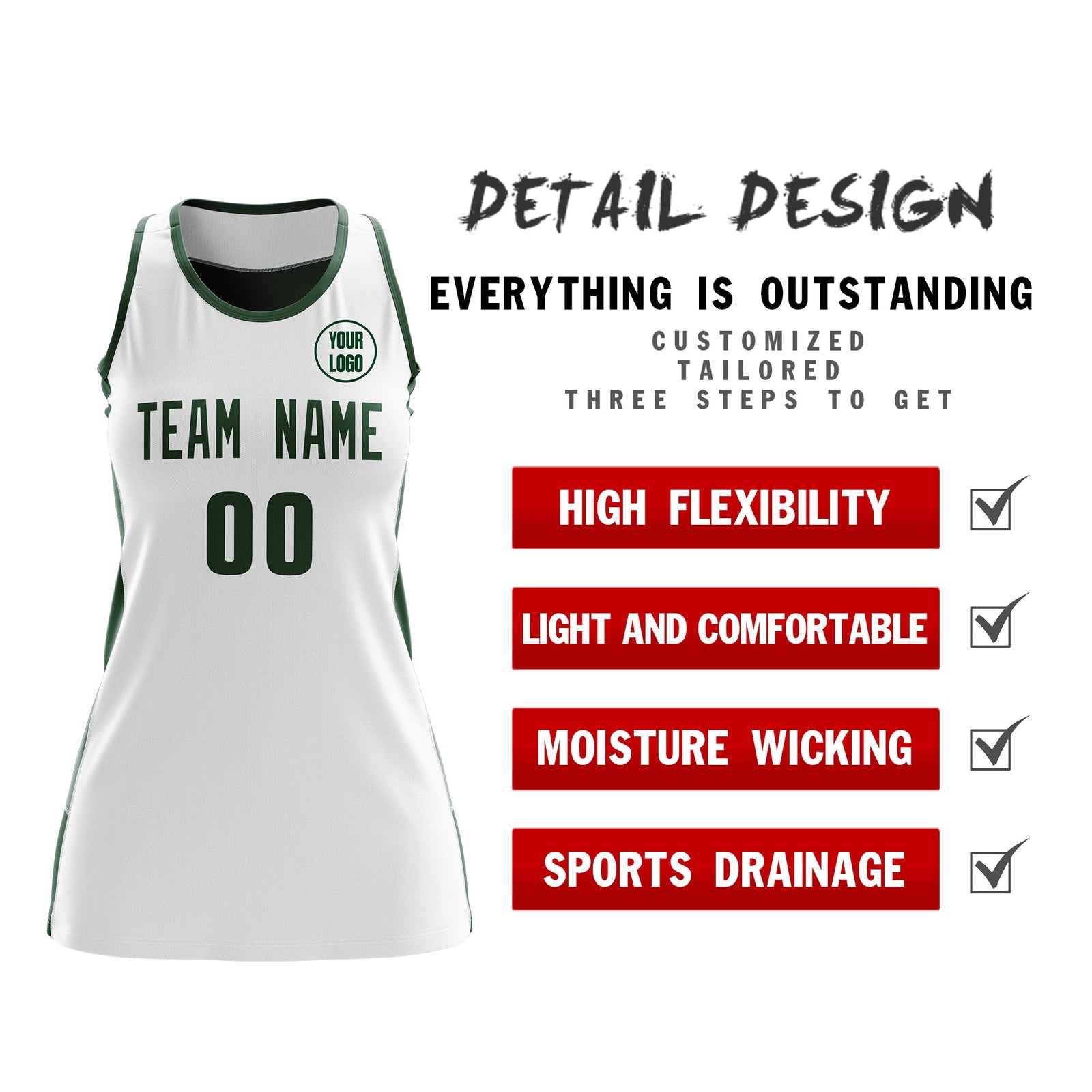 Custom Netball Dress | White Green Classic Style Two-Tone Professional Team Uniforms