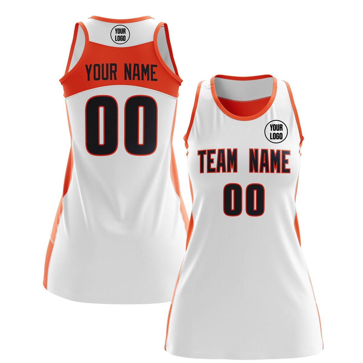 Custom Netball Dress | White Orange Classic Style Two-Tone Breathable Performance Sportswear