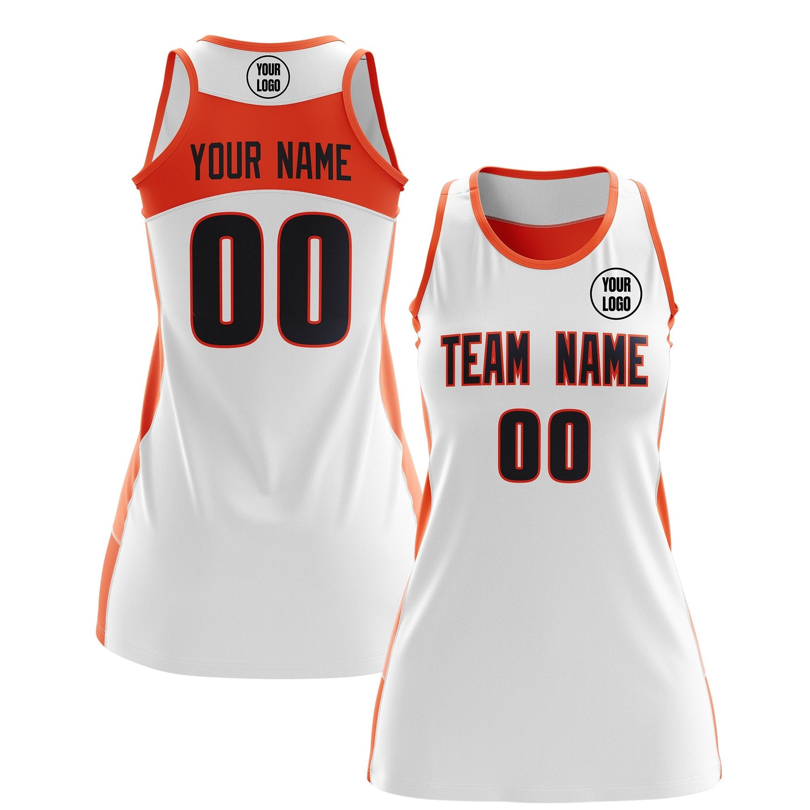 Custom Netball Dress | White Orange Classic Style Two-Tone Breathable Performance Sportswear