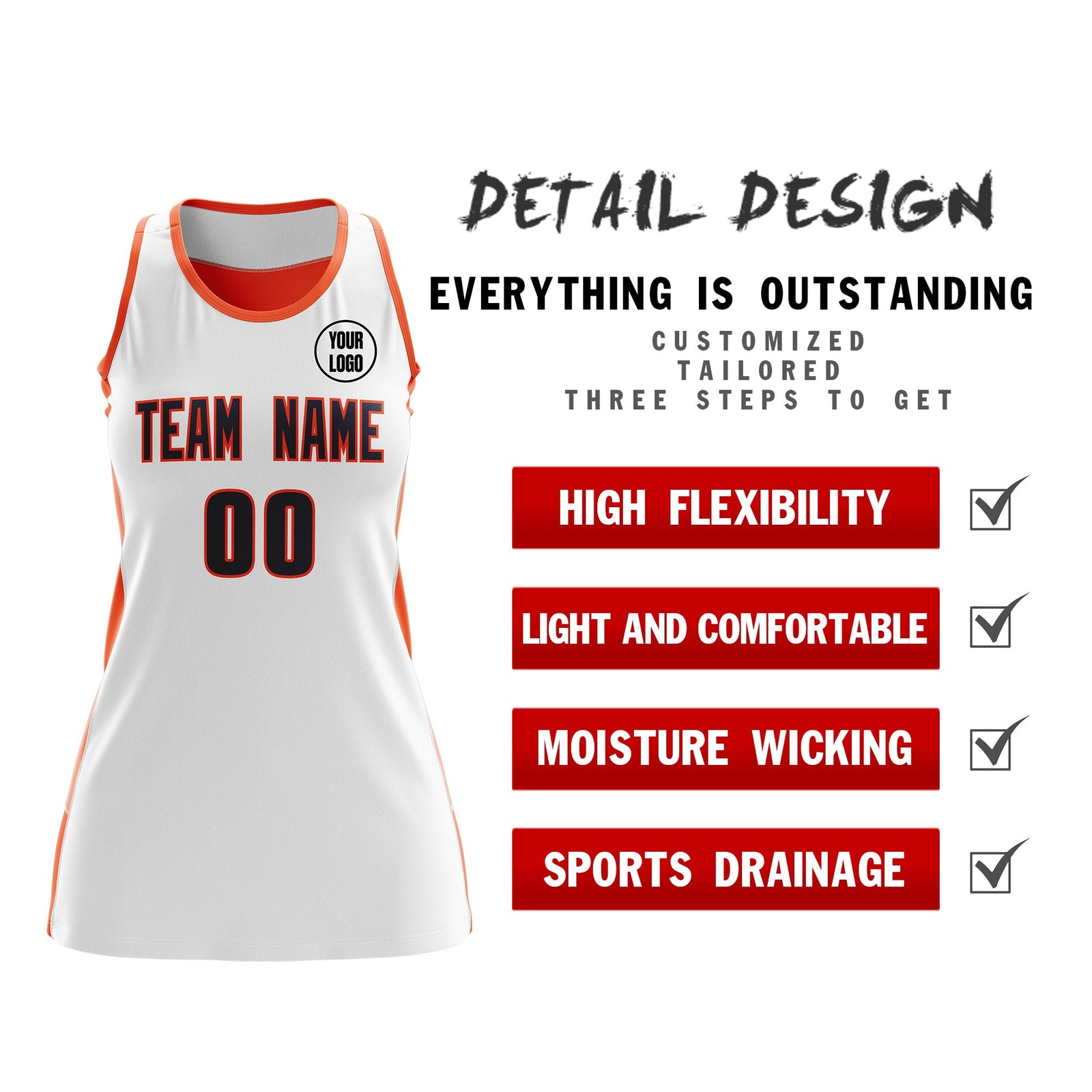 Custom Netball Dress | White Orange Classic Style Two-Tone Breathable Performance Sportswear