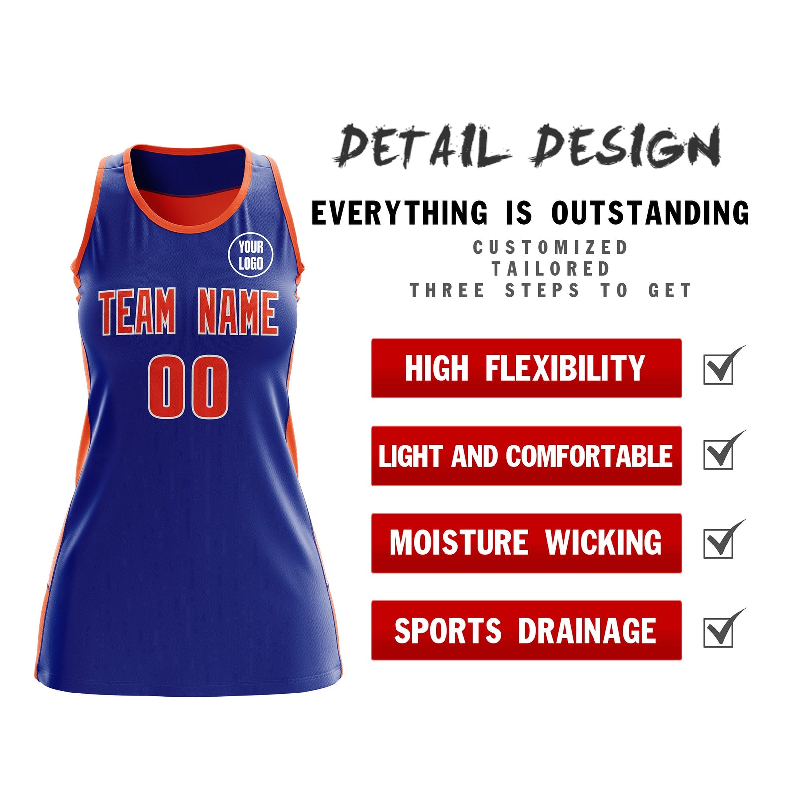 Custom Netball Dress | Royal Blue Orange Classic Style Two-Tone Match Day Uniform