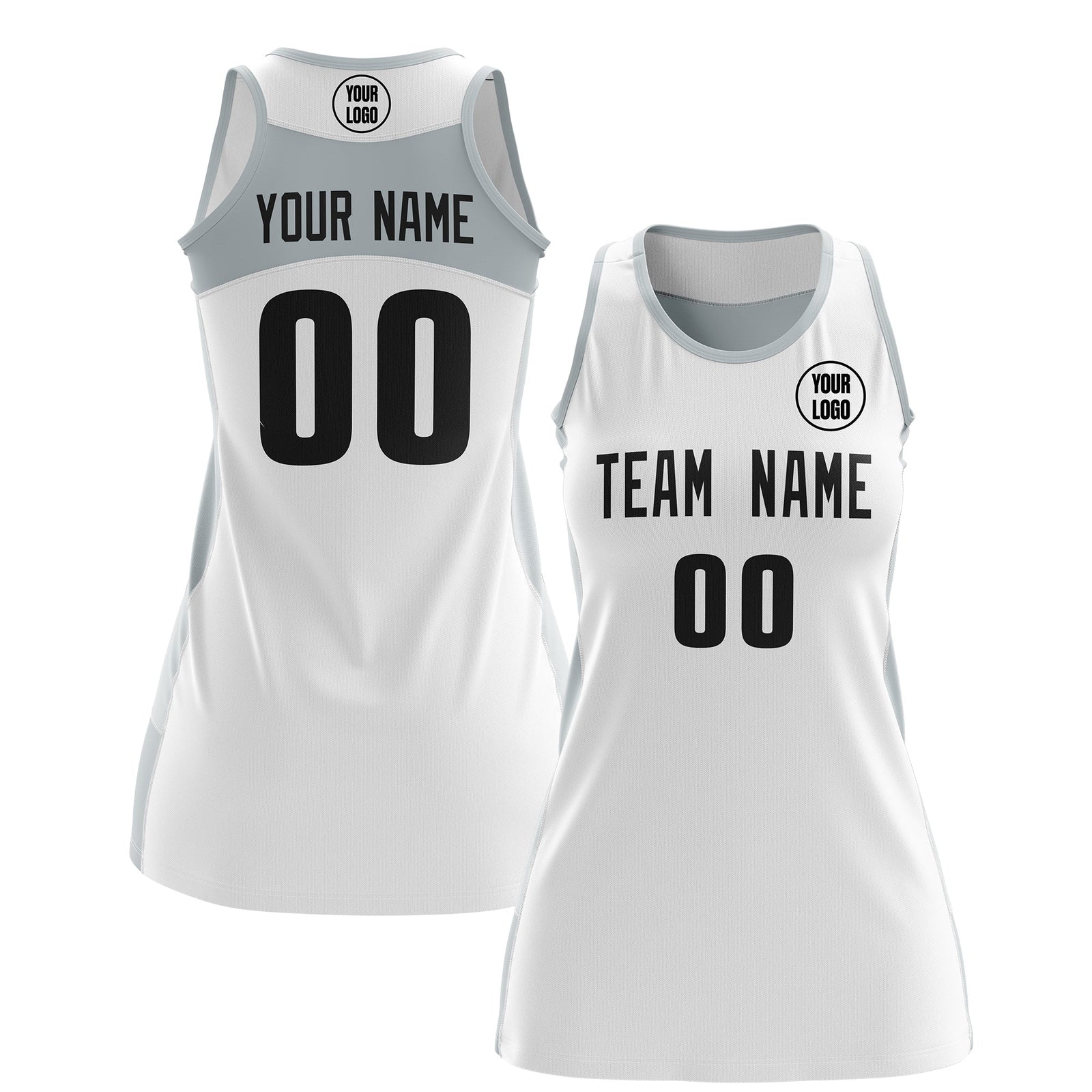 Custom Netball Dress | White Silver Classic Style Two-Tone Match Day Uniform