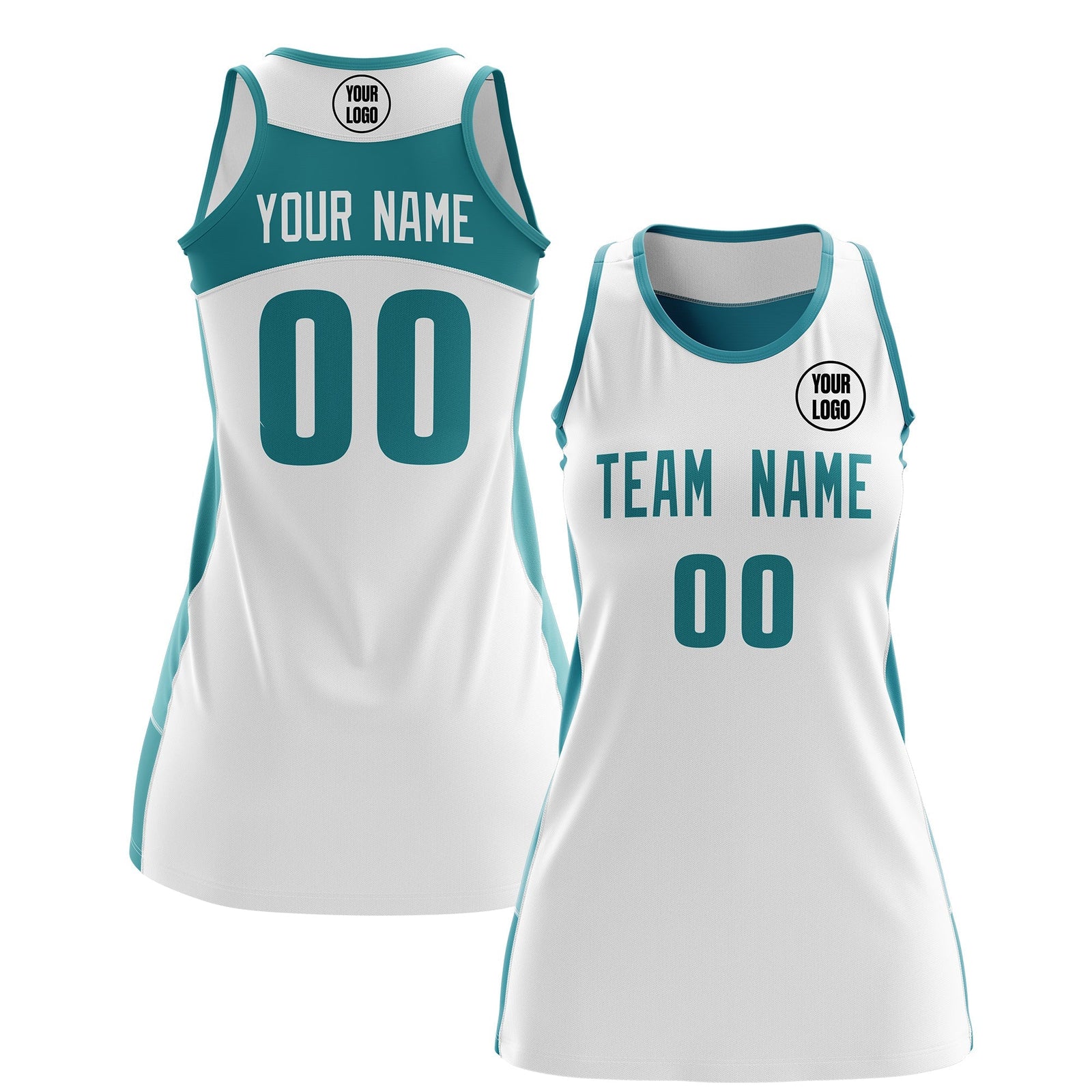 Custom Netball Dress | White Teal Classic Style Two-Tone Professional Team Uniforms