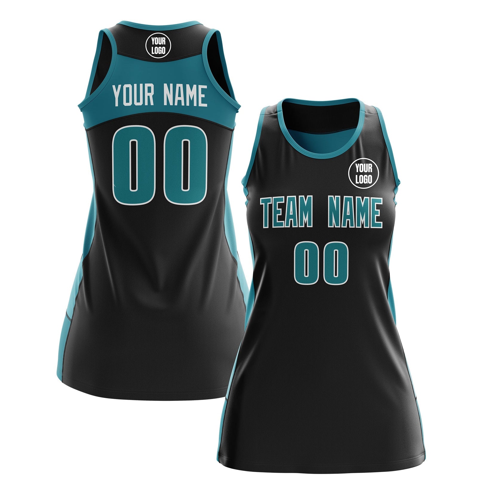 Custom Netball Dress | Black Teal Classic Style Two-Tone Professional Team Uniforms