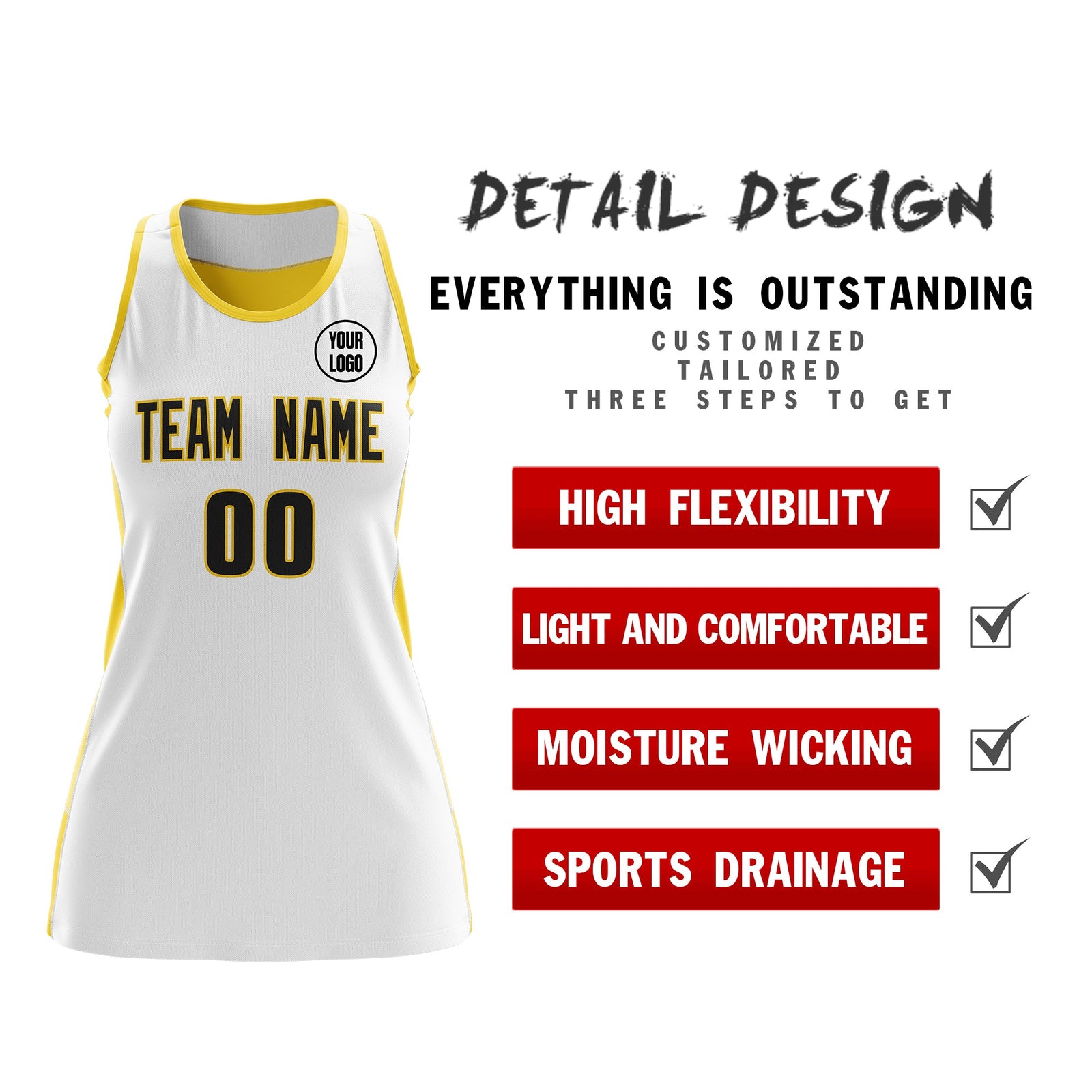 Custom Netball Dress | White Gold Classic Style Two-Tone Breathable Performance Sportswear
