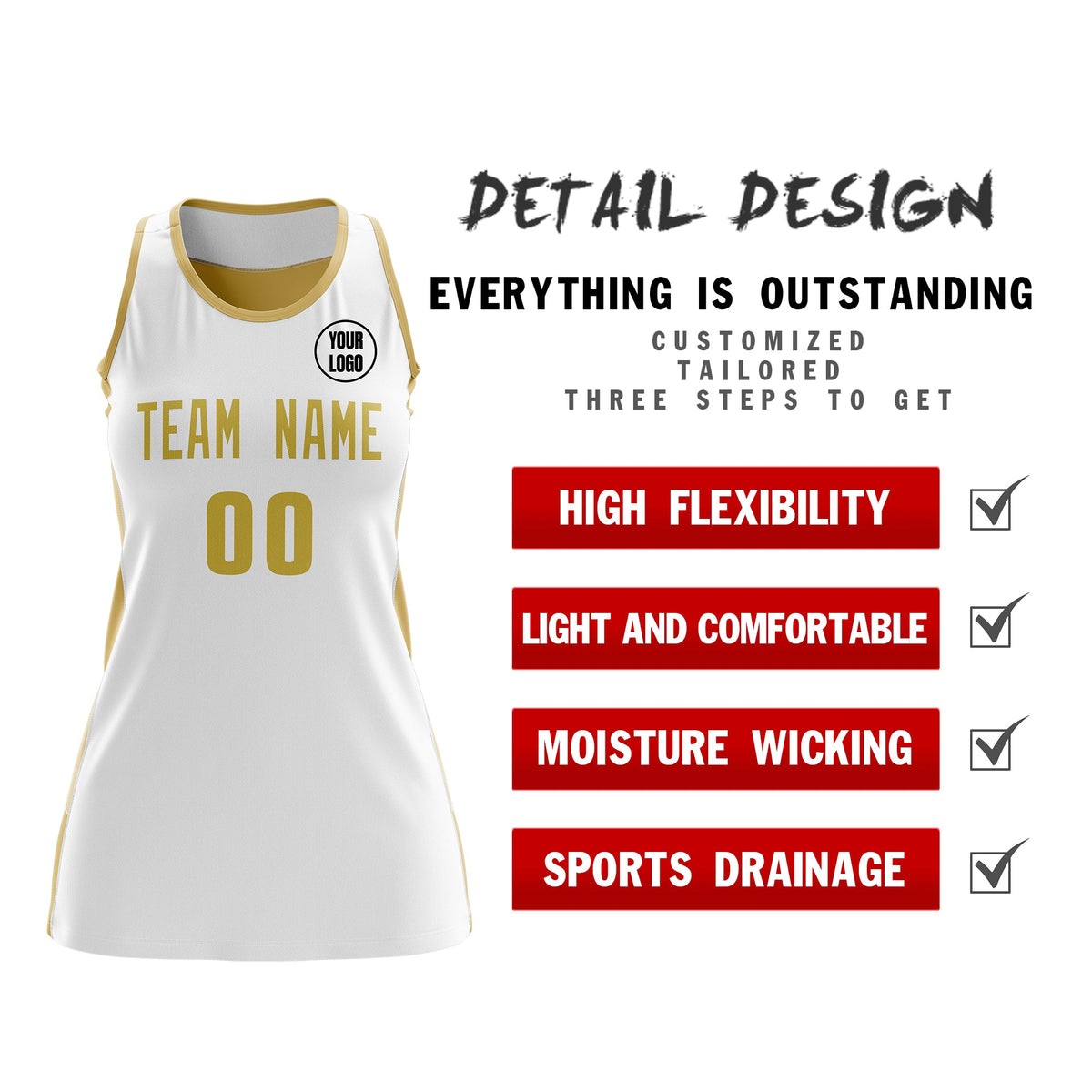 Custom Netball Dress | White Old Gold Classic Style Two-Tone Breathable Performance Sportswear