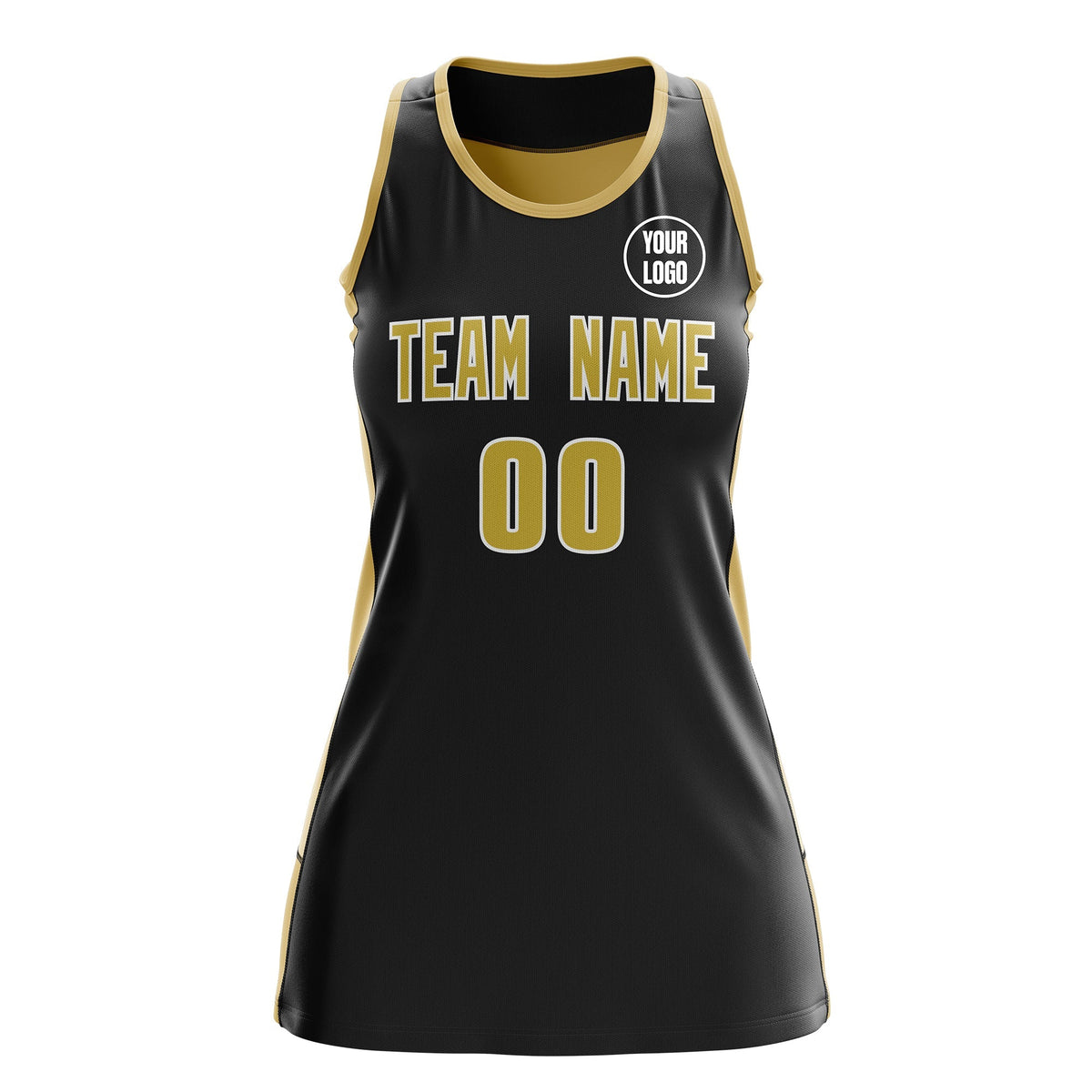 Custom Netball Dress | Black Old Gold Classic Style Two-Tone Professional Team Uniforms